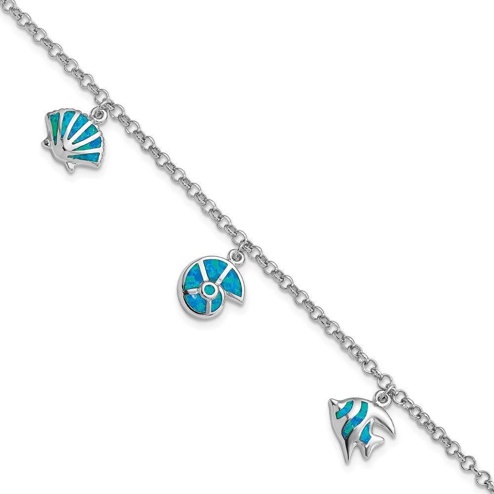 925 Sterling Silver Blue Opal Fish & Shell Charm Pendant Bracelet for Women - Elegant Fine Jewelry Gift for Her (7.25