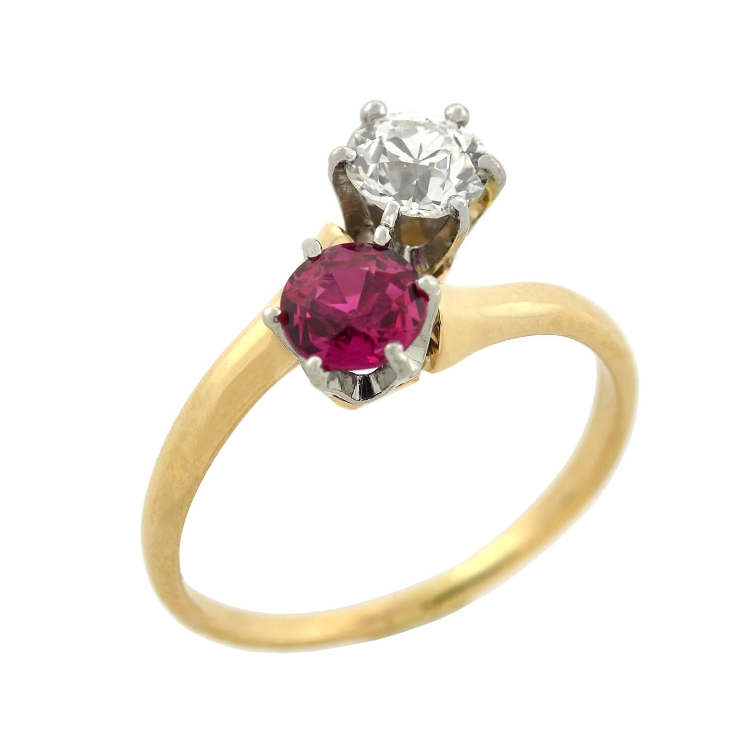 14K Gold & Platinum Edwardian Moi et Toi Diamond Ruby Sapphire Bypass Ring - Vintage Engagement, Wedding, Anniversary Gift for Her