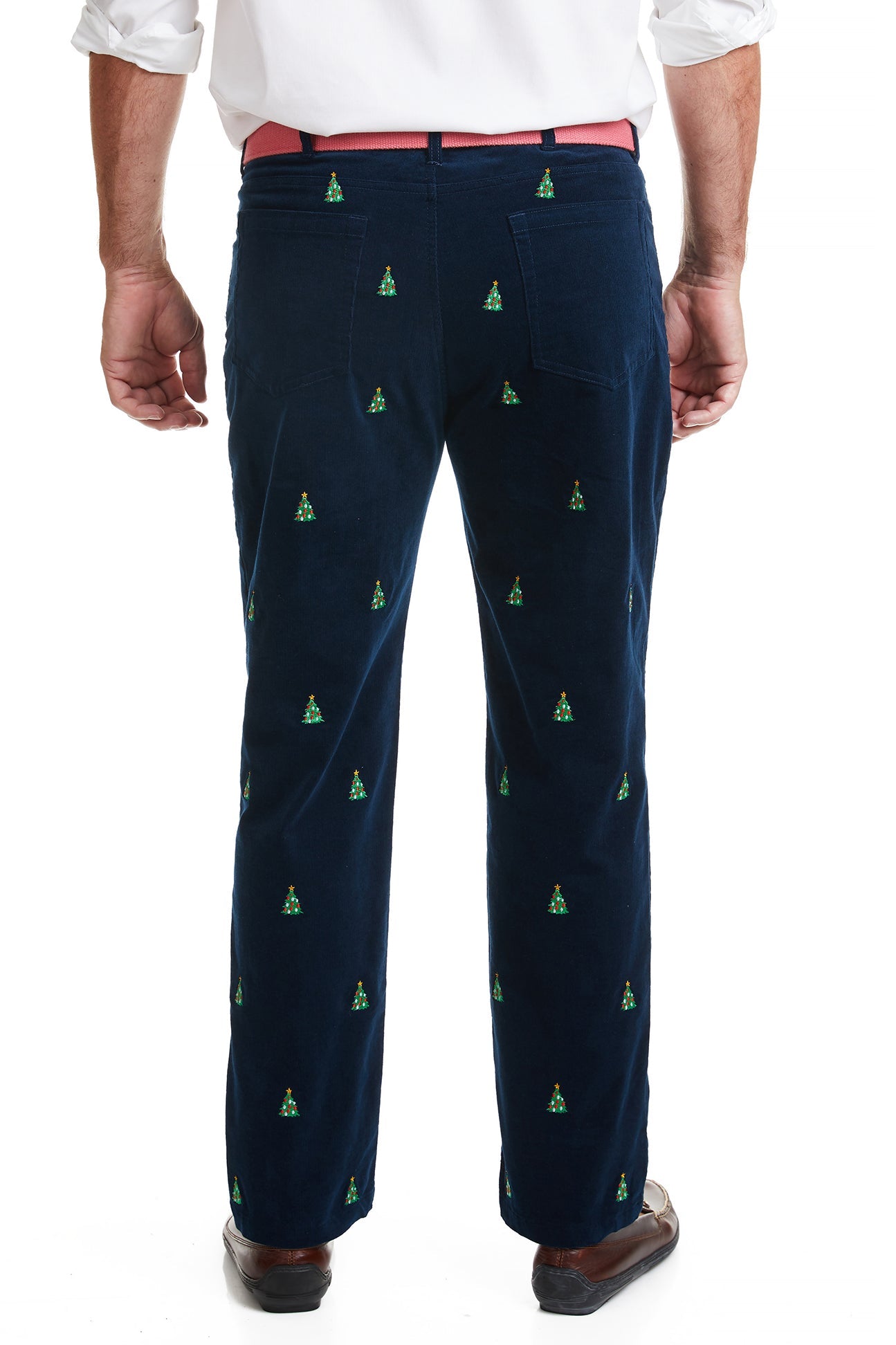 Wayfarer 5 Pocket Pinwale Corduroy Pants for Men - Nantucket Navy with Christmas Tree Design | Casual Winter Trousers for Holiday Parties & Festive Outfits