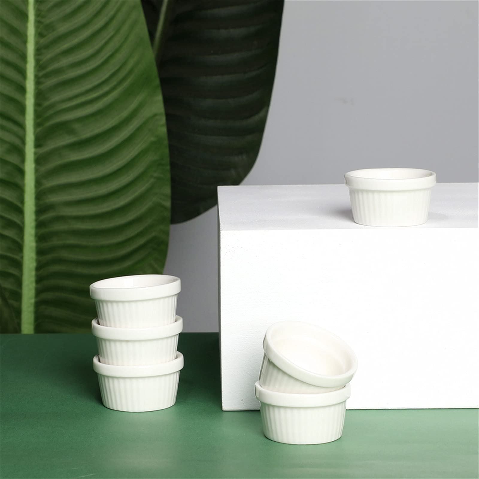 HAOTOP Mini Ramekins 1 oz (30ml) Porcelain Souffle Dish Set of 6 - Oven Safe Small Dipping Sauce & Dessert Cups for Baking, Serving Condiments, Ice Cream, Custard & Party Appetizers