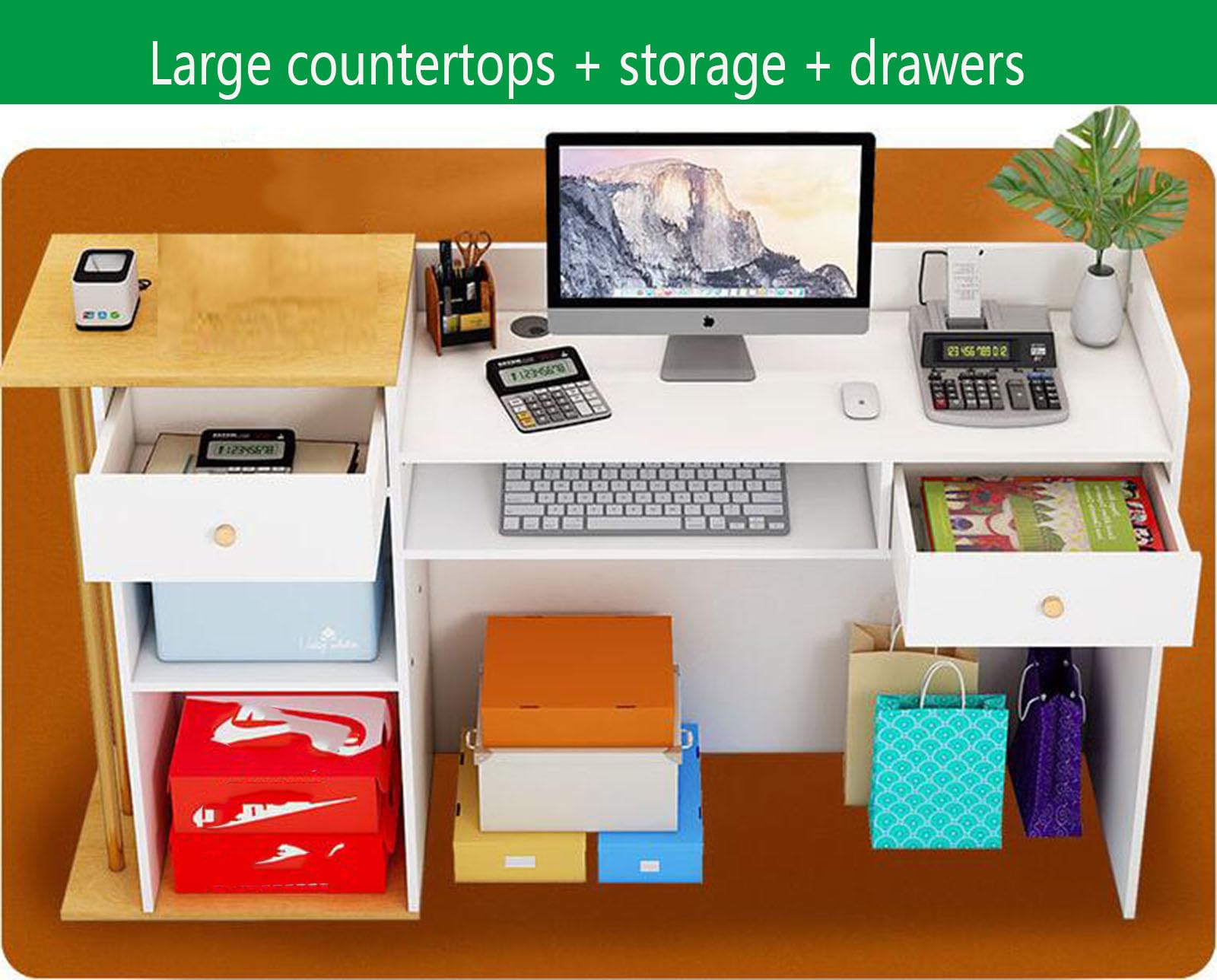 Modern Reception Desk with Counter & Storage - Office Computer Desk with Drawers & Shelves for Lobby, Salon, Retail Store, Home Office - Durable Workstation for Professional Spaces
