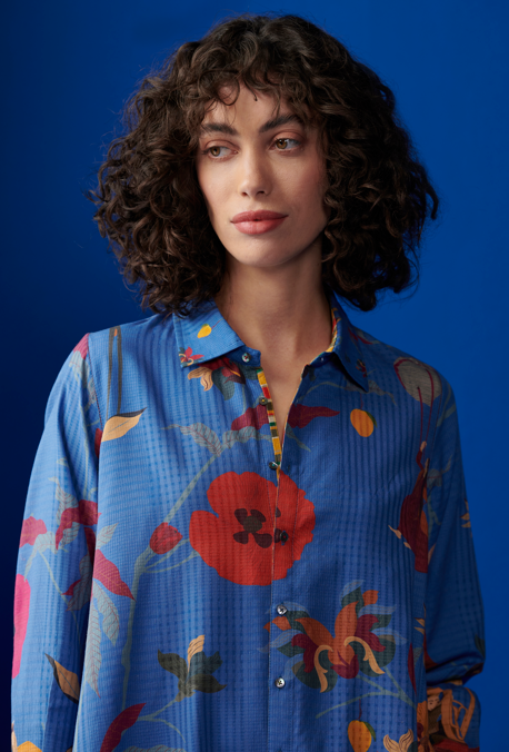 Oversized Cotton Silk Check Shirt in Cobalt Blue - Perfect for Casual Outfits, Office Wear & Layering