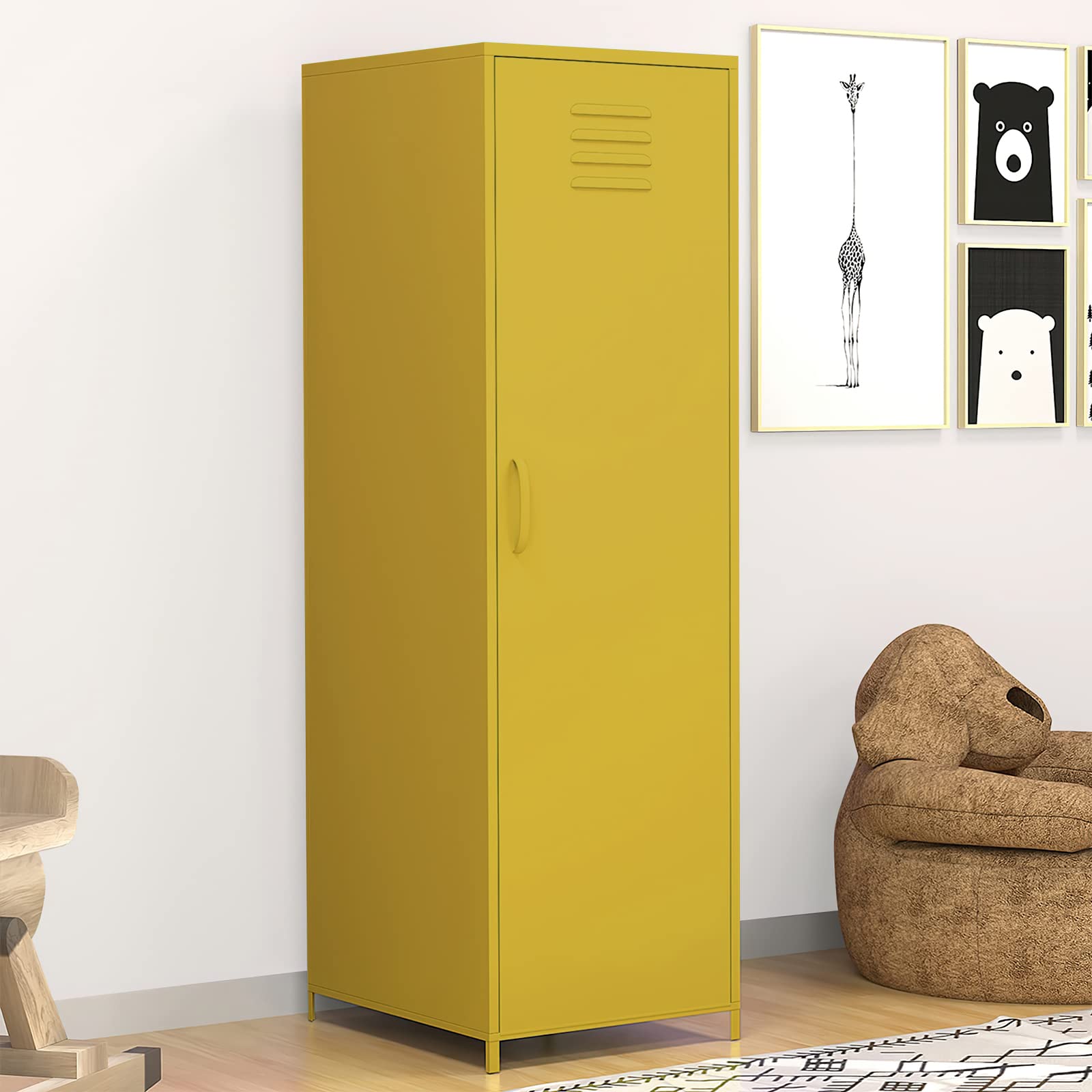 Steel Locker Cabinet with Hanging Rod & Shelves - Single Door Metal Storage Locker for Bedroom, School & Classroom - Organize Toys, Clothes & Accessories - Durable Yellow Storage Solution for Home & Office Use