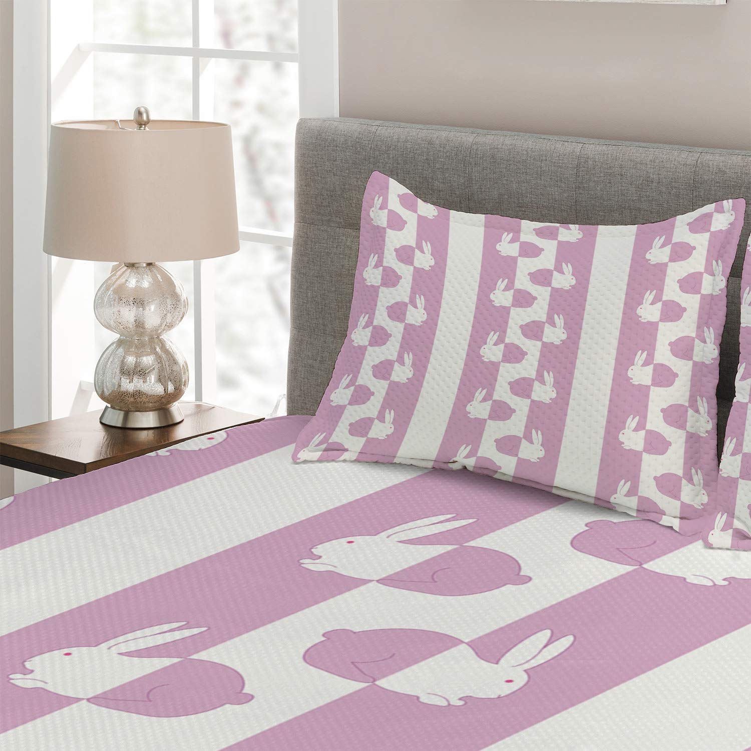Ambesonne Easter Bunny Rabbits Quilted Bedspread Set - 3 Piece King Size Coverlet with 2 Pillow Shams, Pastel Animal Print Design in White & Pink - Perfect for Spring Bedroom Decor, Easter Gift & Cozy Home Styling