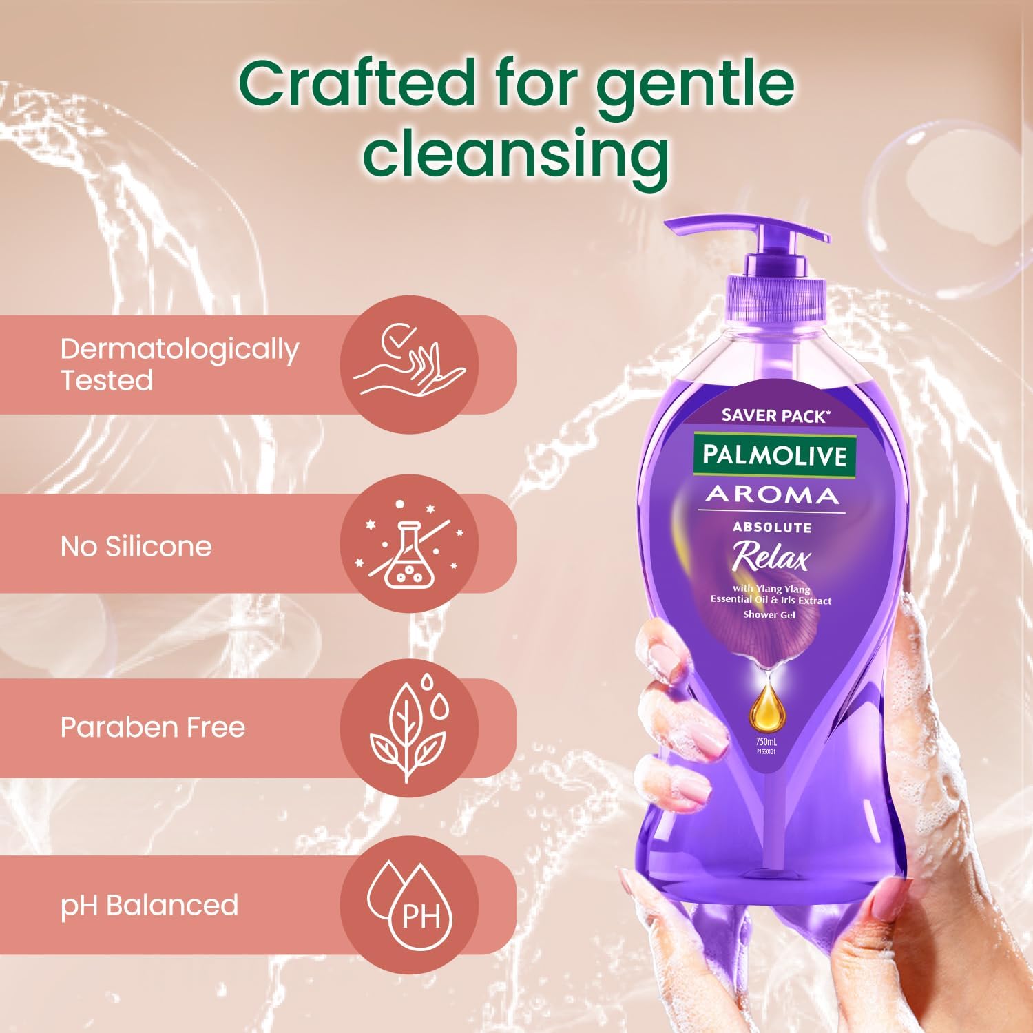 Palmolive Aroma Absolute Relax Body Wash for Women & Men - 750ml Shower Gel with 100% Natural Ylang Ylang & Iris Extracts | pH Balanced, Soft & Smooth Skin | Single Pump Bottle | Perfect for Stress Relief & Daily Relaxation in Bath or Shower