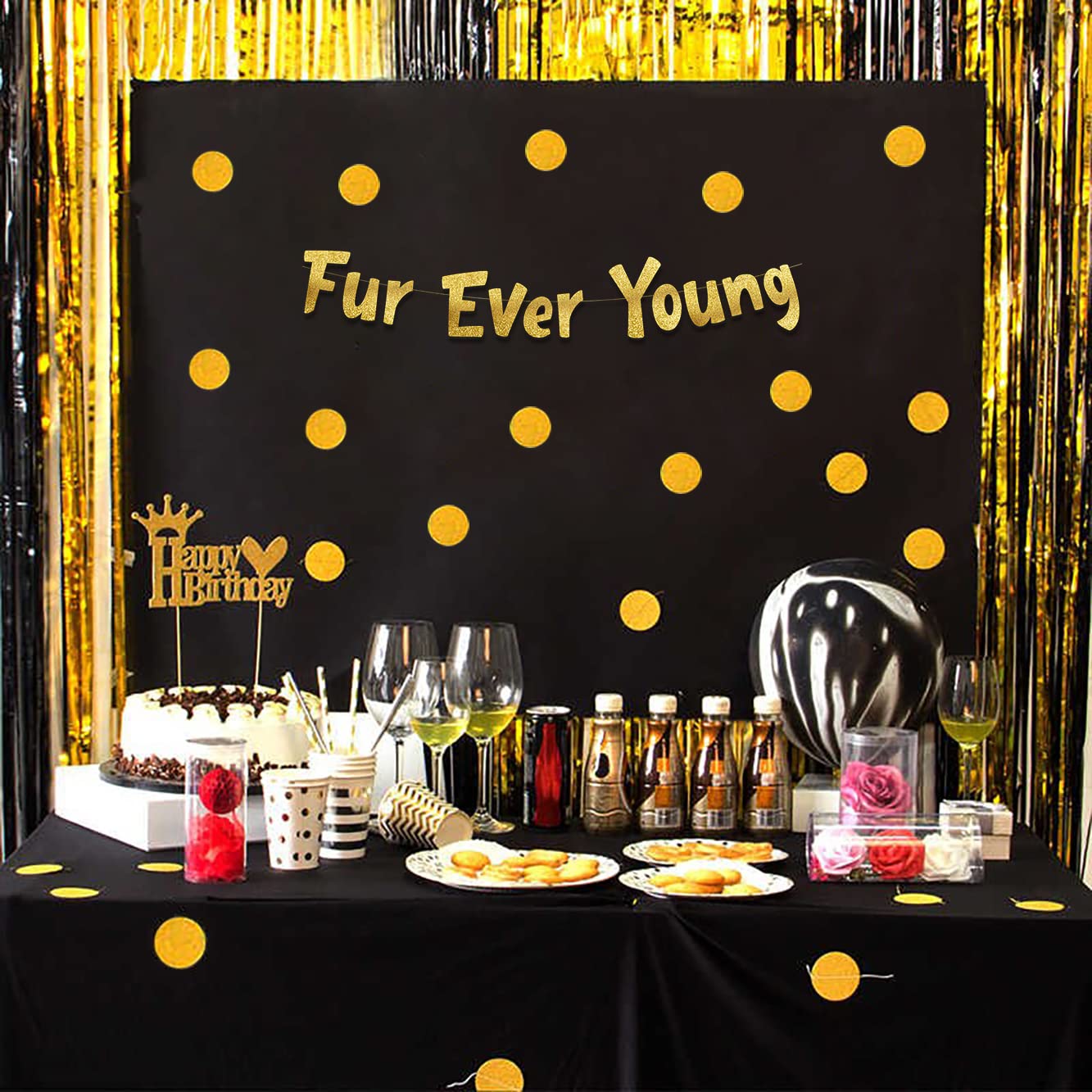 Furever Young Gold Glitter Dog & Cat Birthday Banner - Funny Puppy Kitten Party Decorations - Perfect for Pet Birthday Celebrations, Adoption Parties & Animal-Themed Events