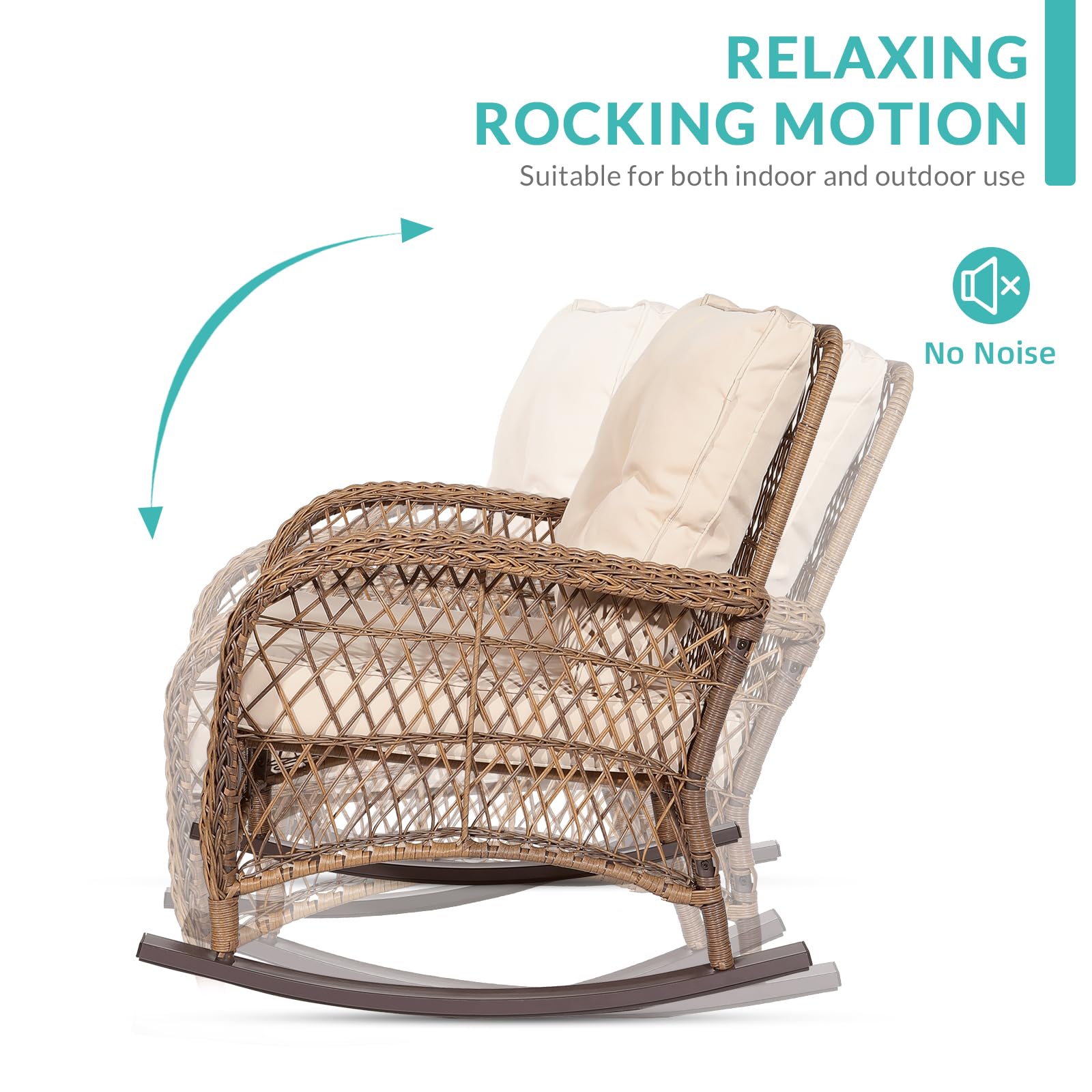 MEETWARM 3-Piece Outdoor Wicker Rocking Chair Set with Cushions & Glass-Top Coffee Table - Beige Rattan Patio Conversation Bistro Set for Porch, Backyard, Garden & Poolside Relaxation
