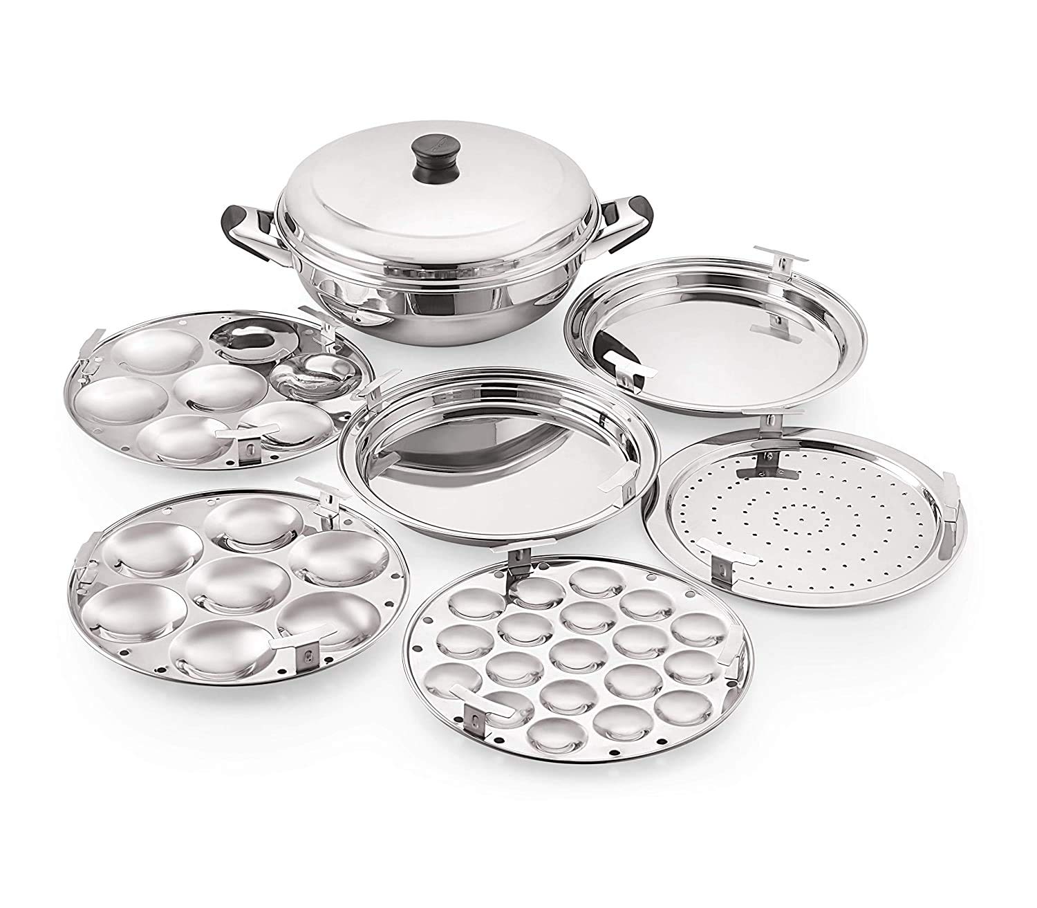 Komal Multi Kadai 6-Piece Nonstick Cookware Set with Induction Bottom - Includes 1 Steamer Plate, 1 Mini Idli Plate (19 Cavities), 2 Idli Plates & 2 Dhokla Plates - Silver | Perfect for Indian Cooking, Steaming Snacks & Meal Prep