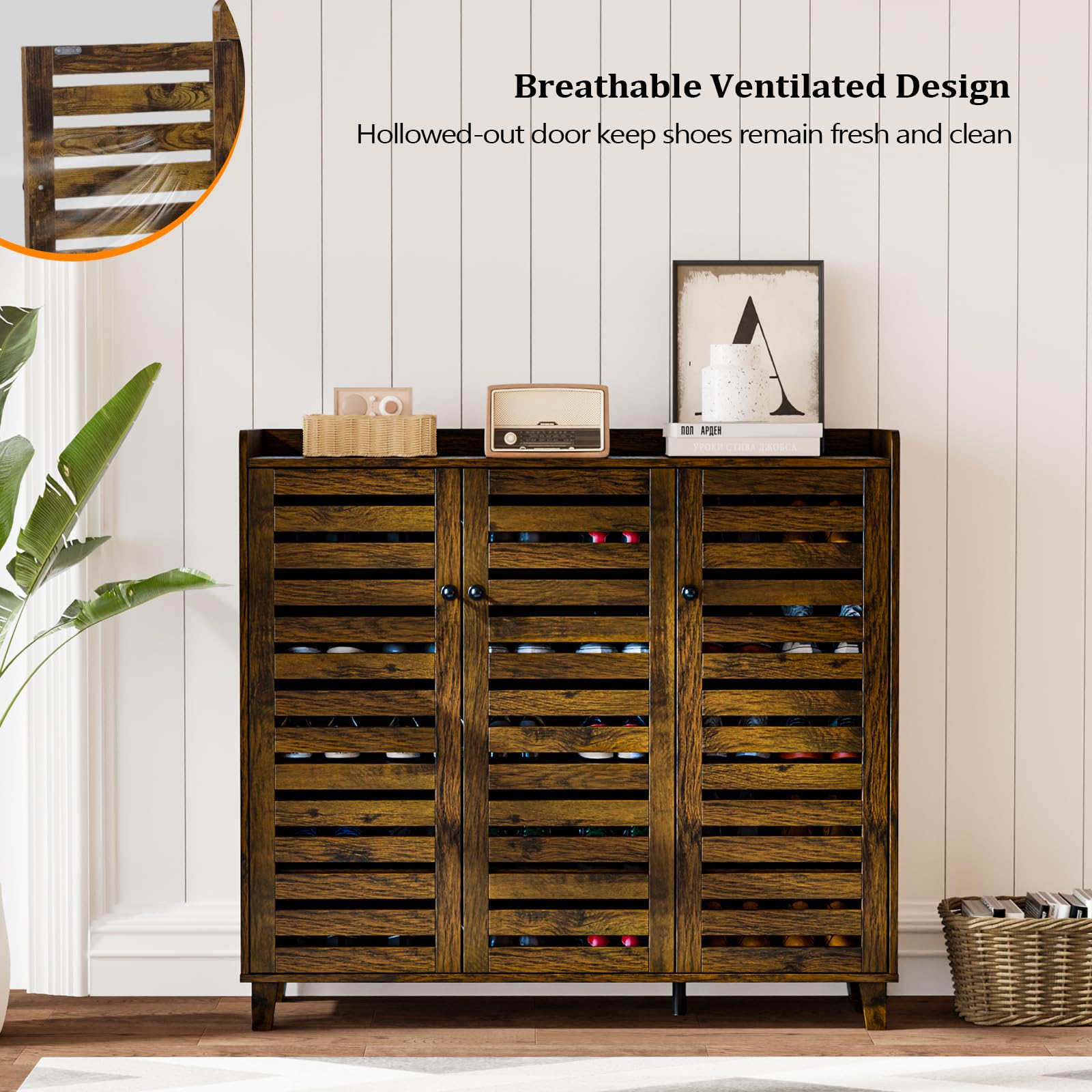 VINGLI 3-Door Hidden Shoe Cabinet Storage Organizer - 5-Tier Adjustable Shelves Freestanding Entryway Shoe Rack for Hallway, Living Room & Bedroom - Rustic Brown Wooden Shoe Storage Cabinet for Home Organization