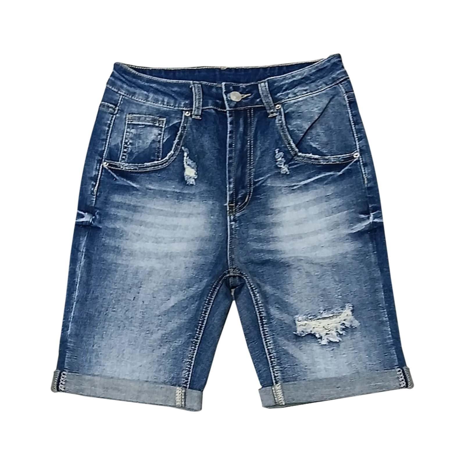 Women's Mid Rise Ripped Denim Shorts - Stretchy Bermuda Jean Shorts with Folded Hem | Perfect for Summer Outfits, Beach Vacations & Casual Wear