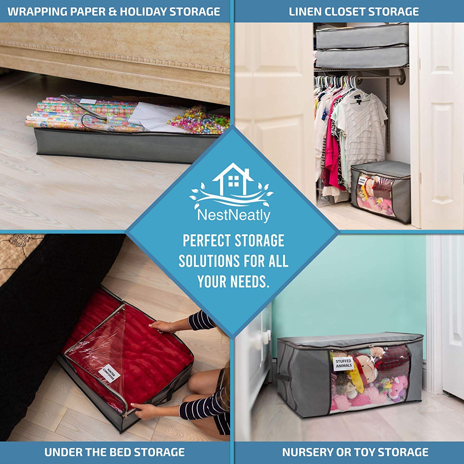 Foldable Under-Bed Storage Bags with Reinforced Handles & Metal Zipper - 2 Large Underbed Organizer Bins by Nest Neatly (Gray) - Perfect for Seasonal Clothing, Blankets, Shoes & Home Organization