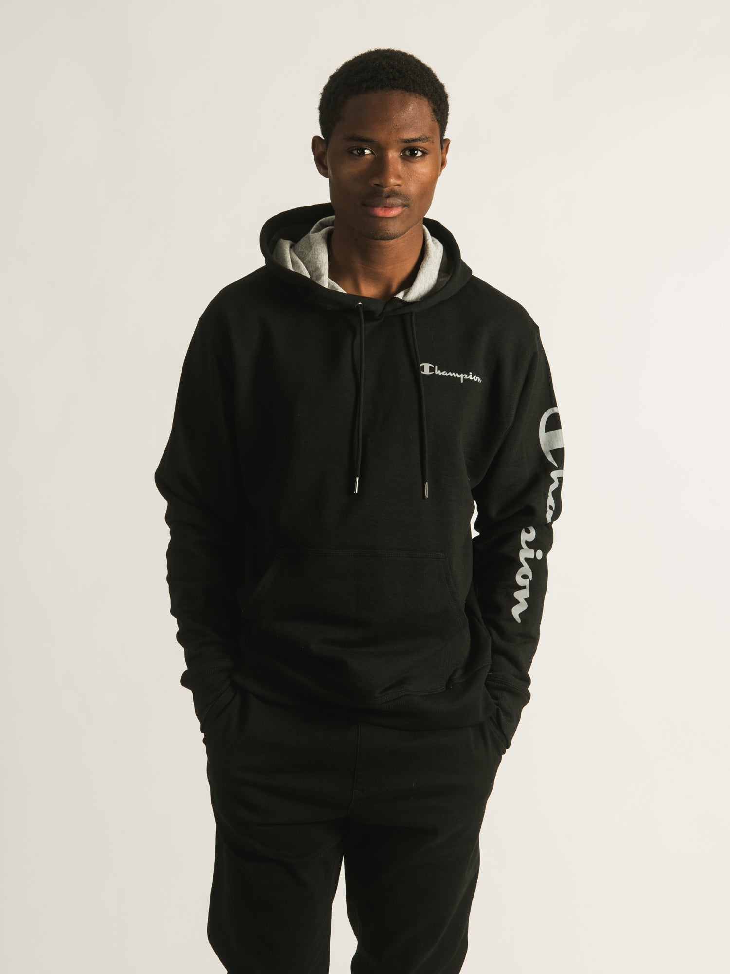 Champion Powerblend Sleeve & LC Script Hoodie - Men's & Women's Pullover Sweatshirt for Casual Wear, Gym, and Outdoor Activities - Clearance Sale