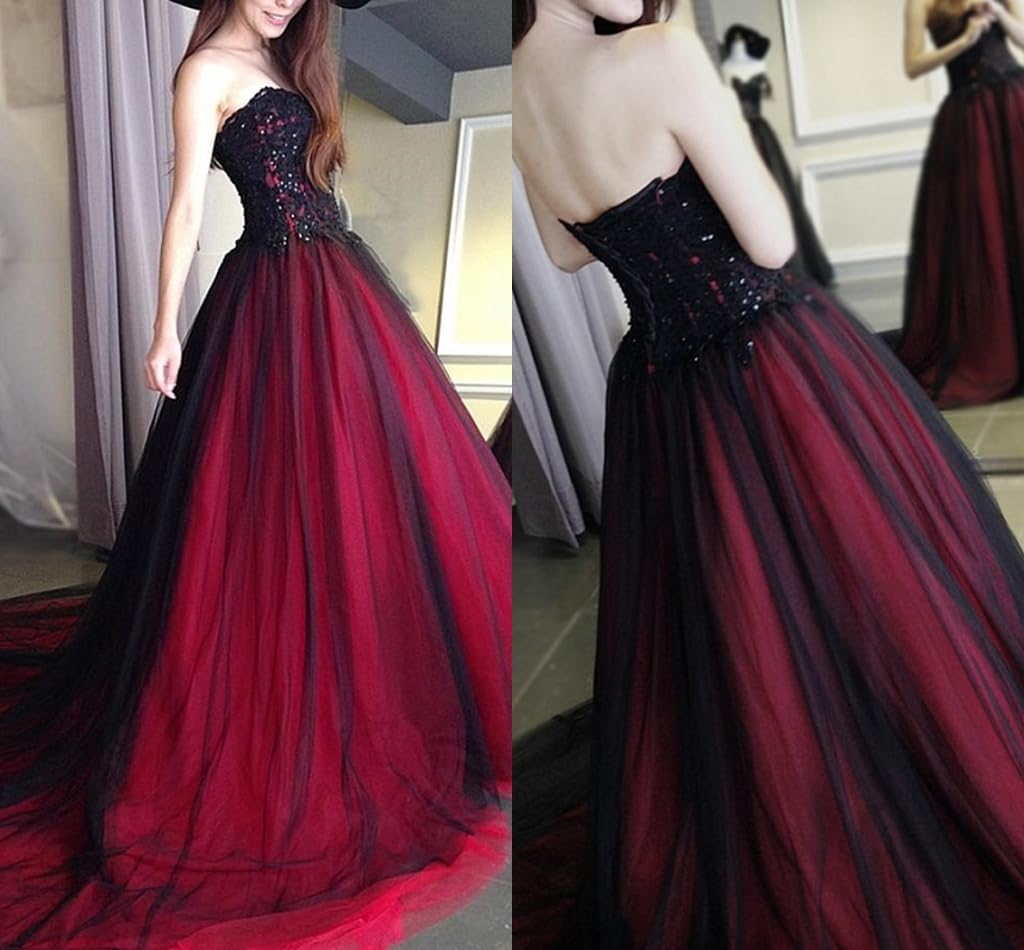 Elegant Gothic Beaded Black Lace Long Tulle Ball Gown Wedding Dress with Train - Sweetheart Neckline Prom Dress for Brides, Formal Events & Gothic Themed Parties