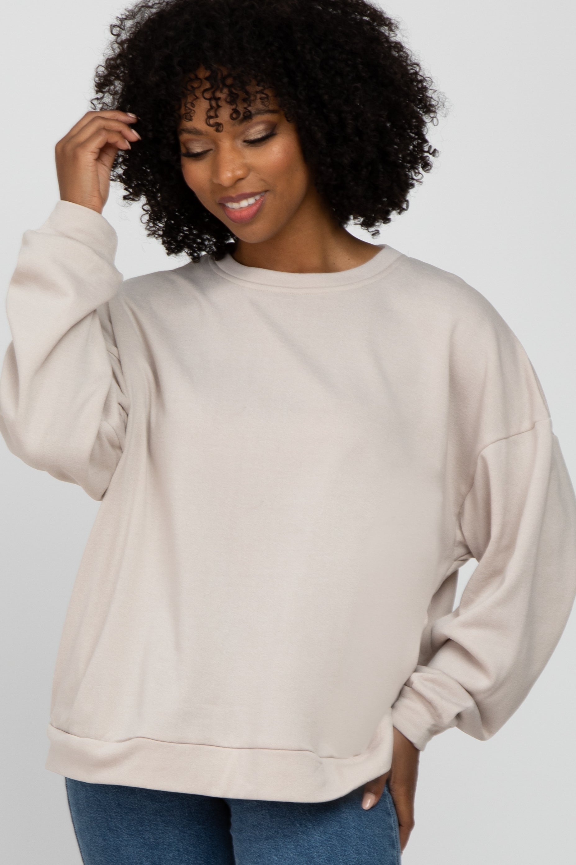 Cozy Beige Fleece-Lined Sweatshirt for Women - Soft Fuzzy Warm Pullover Hoodie | Perfect for Winter, Fall & Casual Outfits