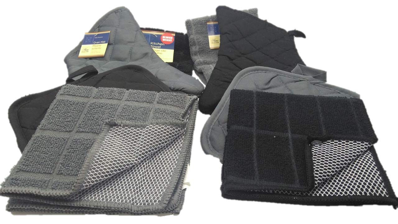 Premium 8-Piece Kitchen Decor Set - Oven Mitts, Potholders & Linen Towels in Classic Black & Gray | Heat-Resistant Cooking Accessories for Baking, Grilling & Kitchen Decor