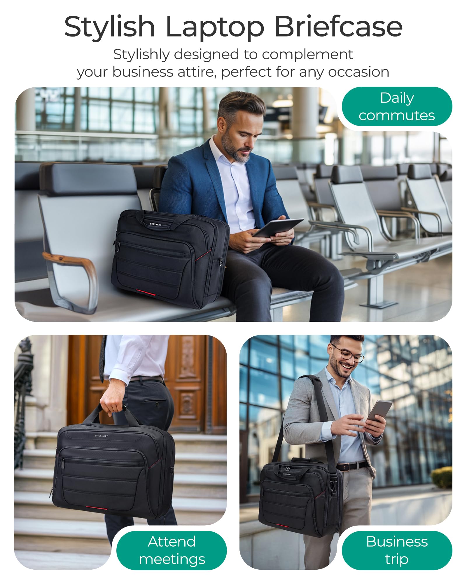 BAGSMART 17.3 Inch Expandable Laptop Briefcase for Men - Water-Resistant Business Travel Computer Bag with USB Charging Port - Perfect for Office, Commuting & Airplane Carry-On (Black)
