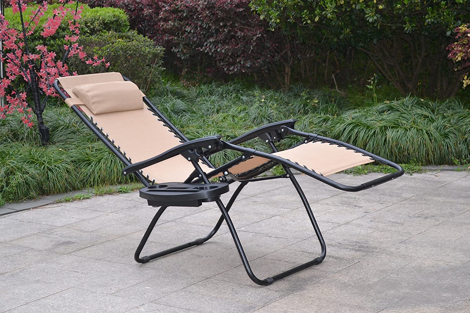 BTEXPERT Adjustable Steel Mesh Zero Gravity Lounge Chair - Outdoor Patio Recliner for Beach, Yard & Garden - Includes Pillow, Utility Tray & Cup Holder - Tan Beige (1-Piece) - Perfect for Relaxing by Pool, Sunbathing or Backyard Lounging