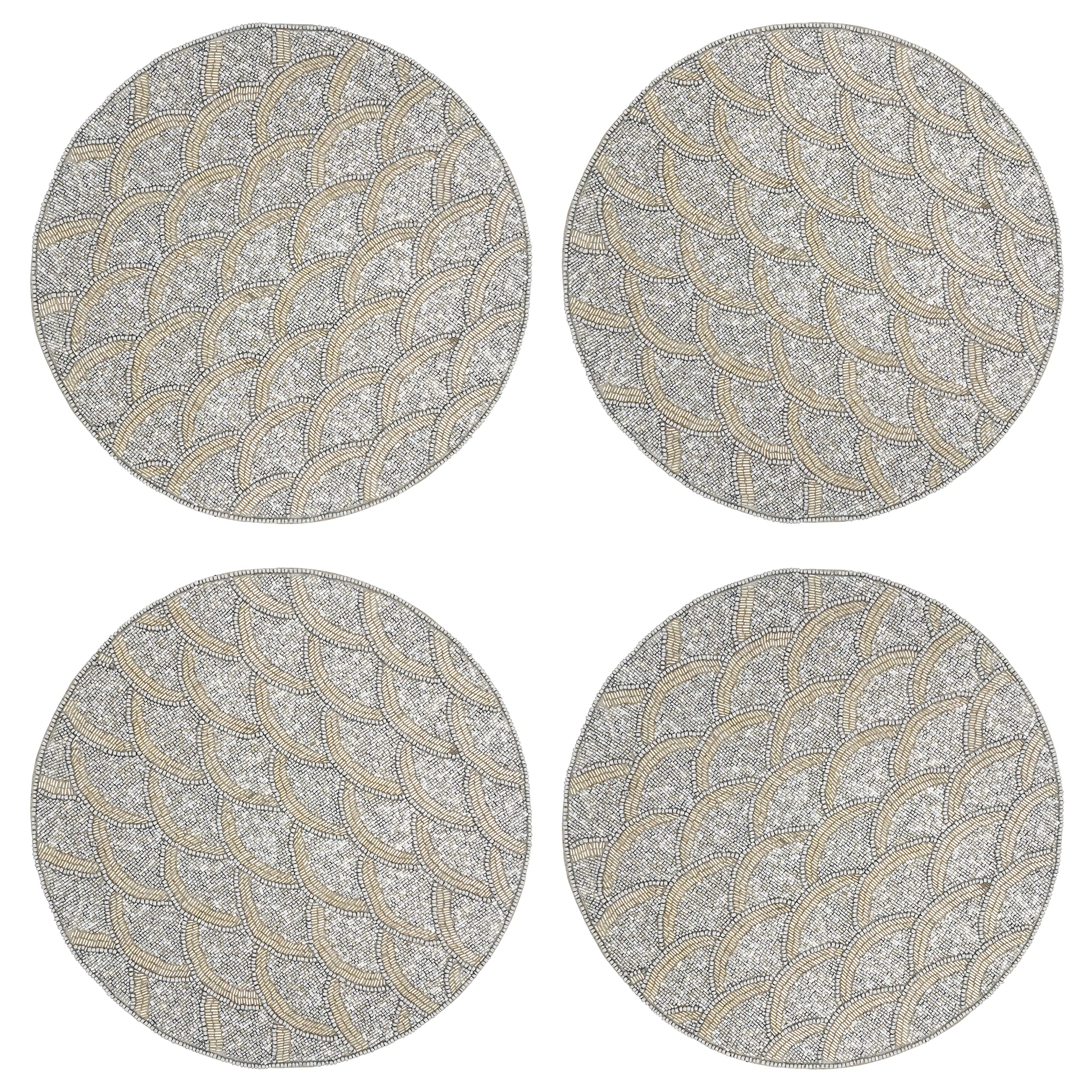 SARO LIFESTYLE Beaded Scallop Placemats Set of 4 - Silver 15 Inch Round Table Mats for Dining, Wedding, Party Decor - Premium Beaded Home Decor (1260.S15R)