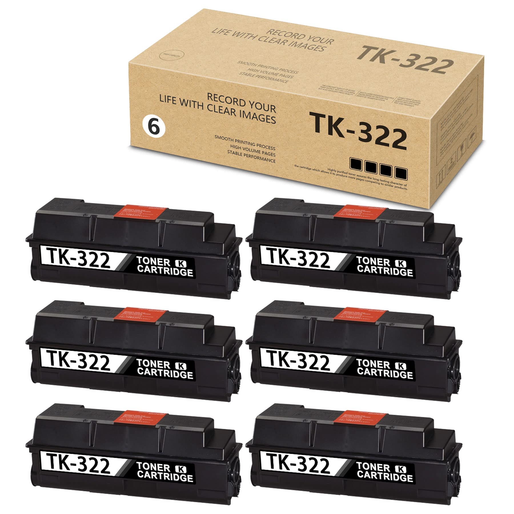 High Yield TK-322 1T02F90US0 Black Toner Cartridge 6-Pack - Compatible with Kyocera FS-3900DTN, FS-4000DN, FS-3900DN, FS-4000DTN Printers | Replacement Toner Kit for Office & Home Printing Needs