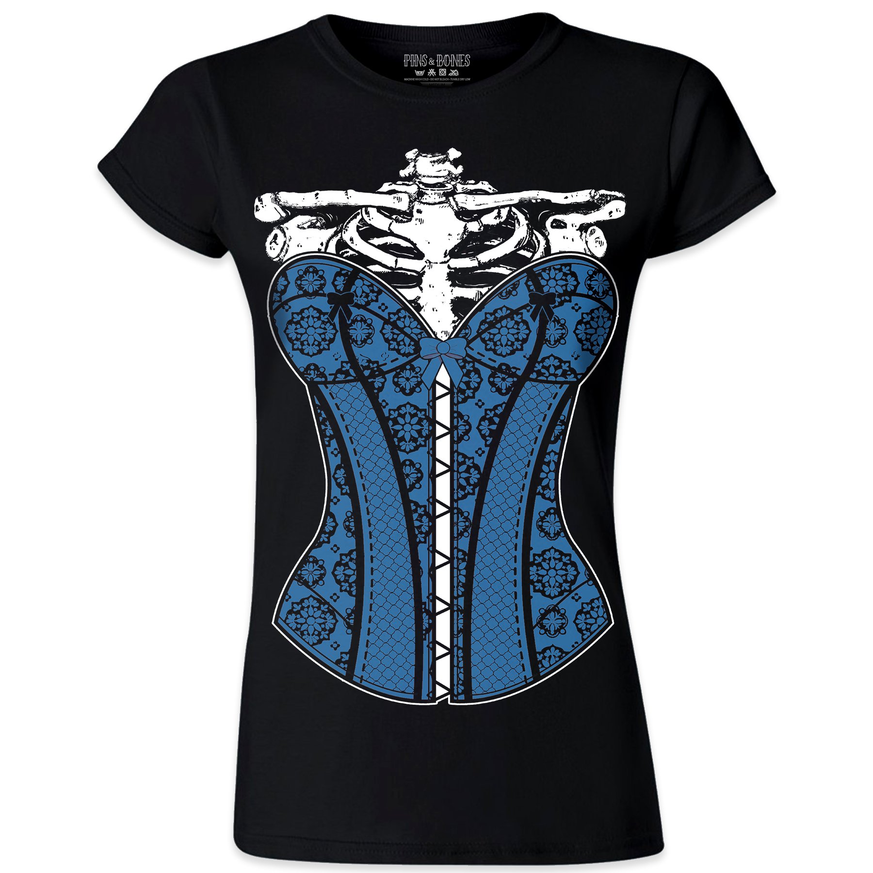 Pins & Bones Women's Gothic Skeleton Rib Cage Floral Corset Graphic Black T-Shirt | Vintage Dark Aesthetic Tee for Halloween, Punk Fashion & Alternative Outfits