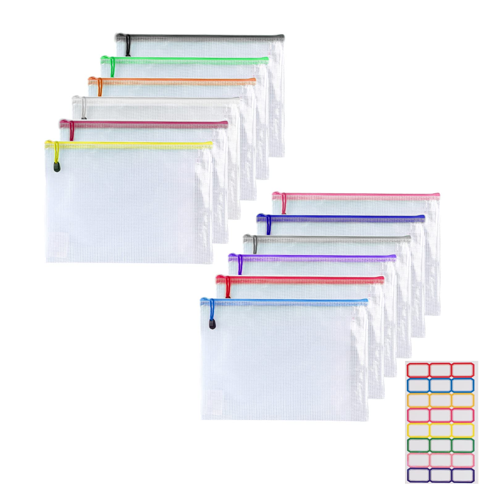 12 Pack Plastic Mesh Zipper Pouch Document Folders - Waterproof File Organizer for School, Office & Travel (8