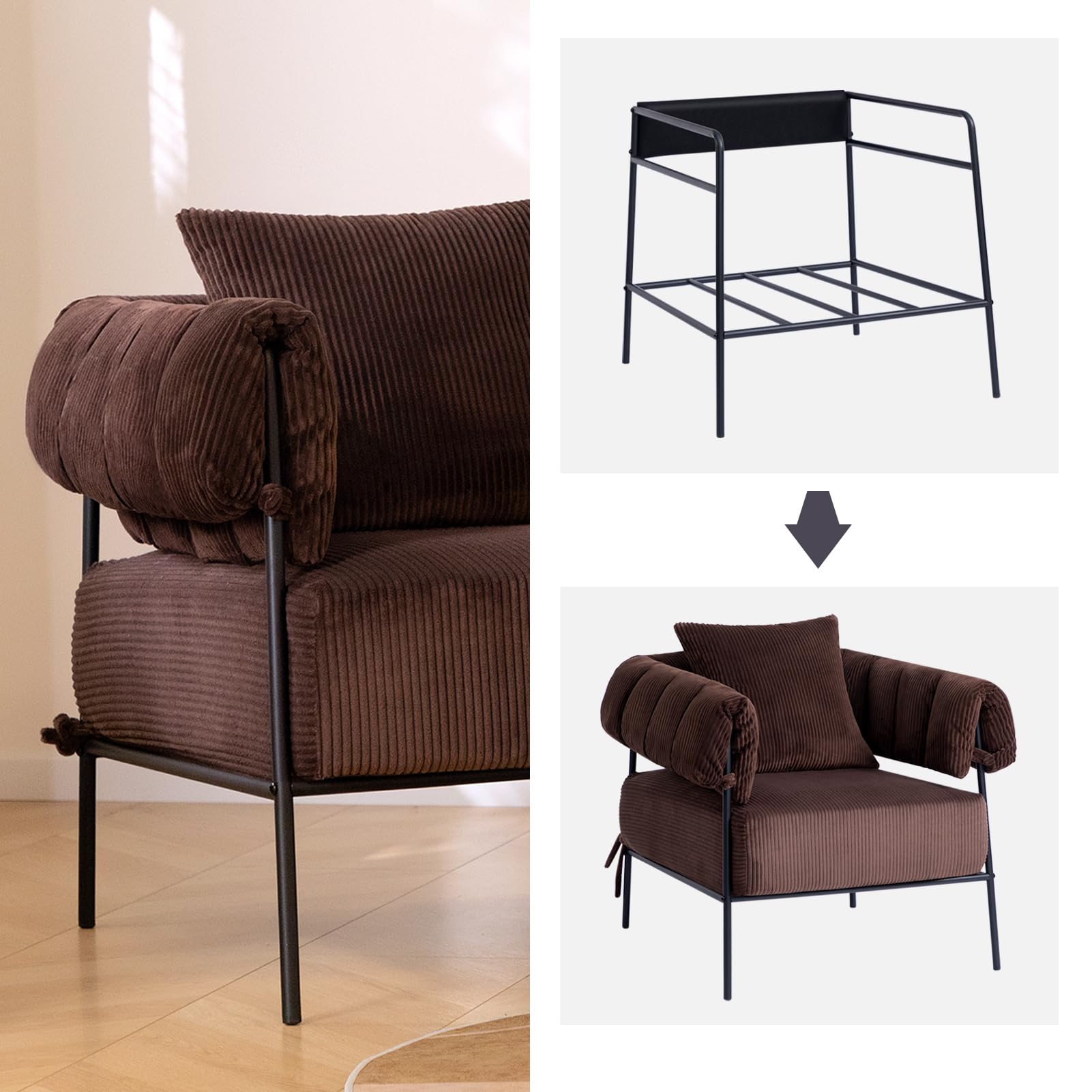 HollyHOME Modern Velvet Accent Chair with Ottoman - Plush Upholstered Reading Armchair & Footstool Set, Large Comfy Lounge Chair for Living Room, Bedroom, Office - Perfect for Relaxing, Reading & Coffee Time