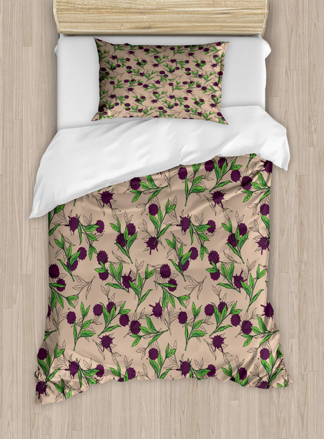 Ambesonne Floral Duvet Cover Set - Natural Tea Leaves with Purple Paint Drops Design, 2-Piece Twin Size Bedding Set with Pillow Sham in Tan Plum & Lime Green | Perfect for Bohemian & Modern Bedroom Decor