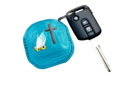 3D Genuine Leather Christian Cross Keychain with Prayer Hands & Custom Initials - Handmade Personalized Carved Keyring for Men Women - Perfect for Gifts, Car Keys & Everyday Carry