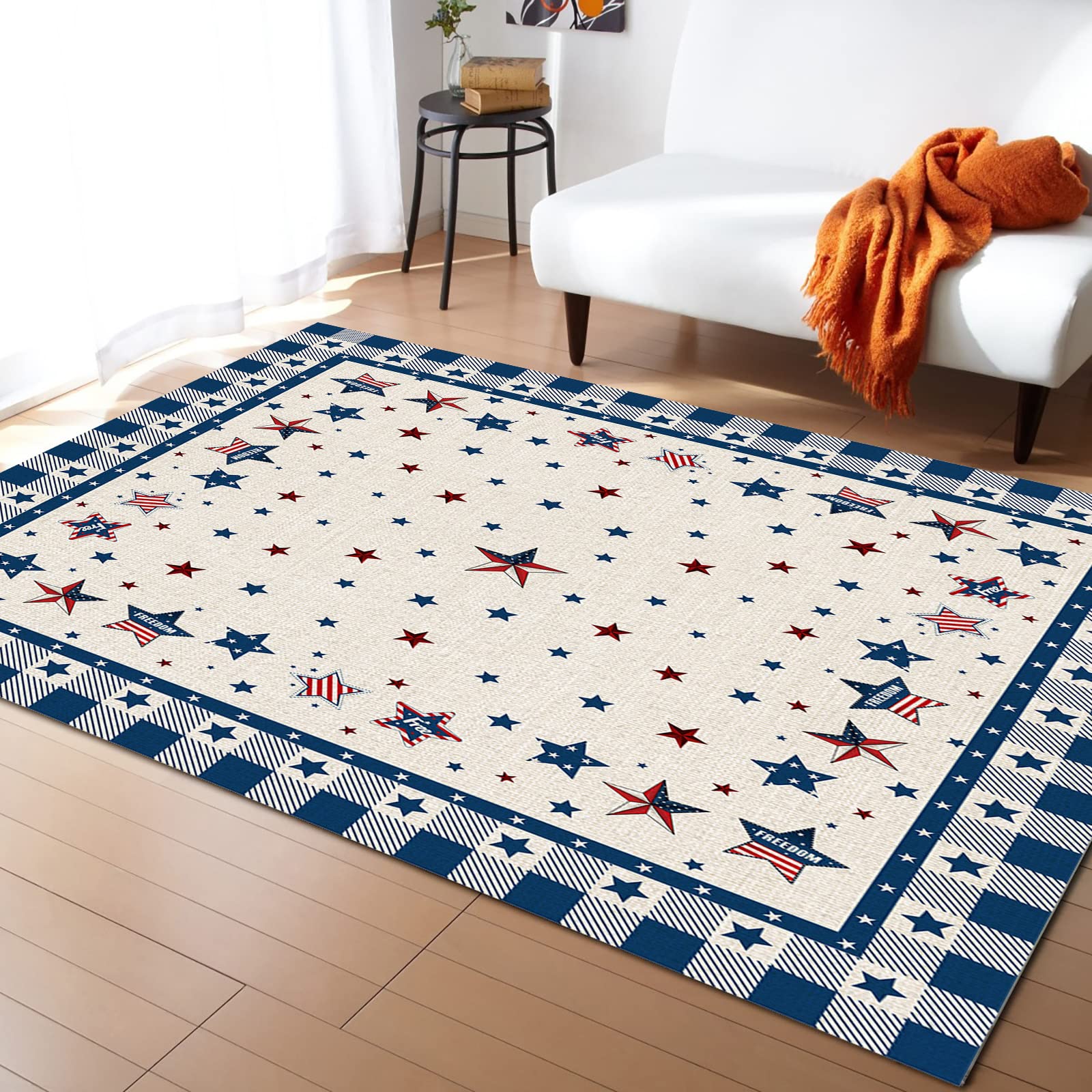 5'x8' Large Non-Slip Area Rug - Patriotic Star Design for Bedroom, Living Room & Kids Room | Durable Burlap Backing, Blue Plaid Kitchen Runner & Floor Mat | Perfect for 4th of July Decor, Home Staging & Photo Backdrops