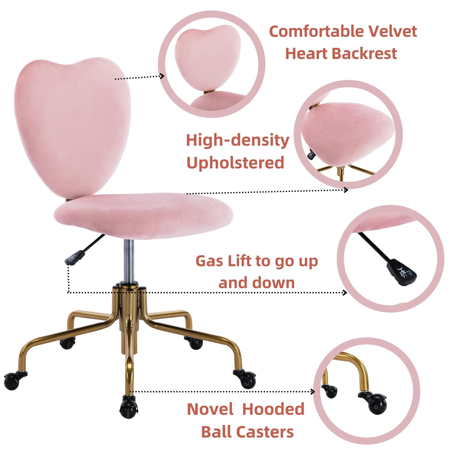 Velvet Pink Heart-Shaped Desk Chair with Wheels - Adjustable Height Swivel Office Chair, Armless Upholstered Vanity Chair for Home & Office - Perfect for Study, Workstation, Dressing Table and Bedroom Decor