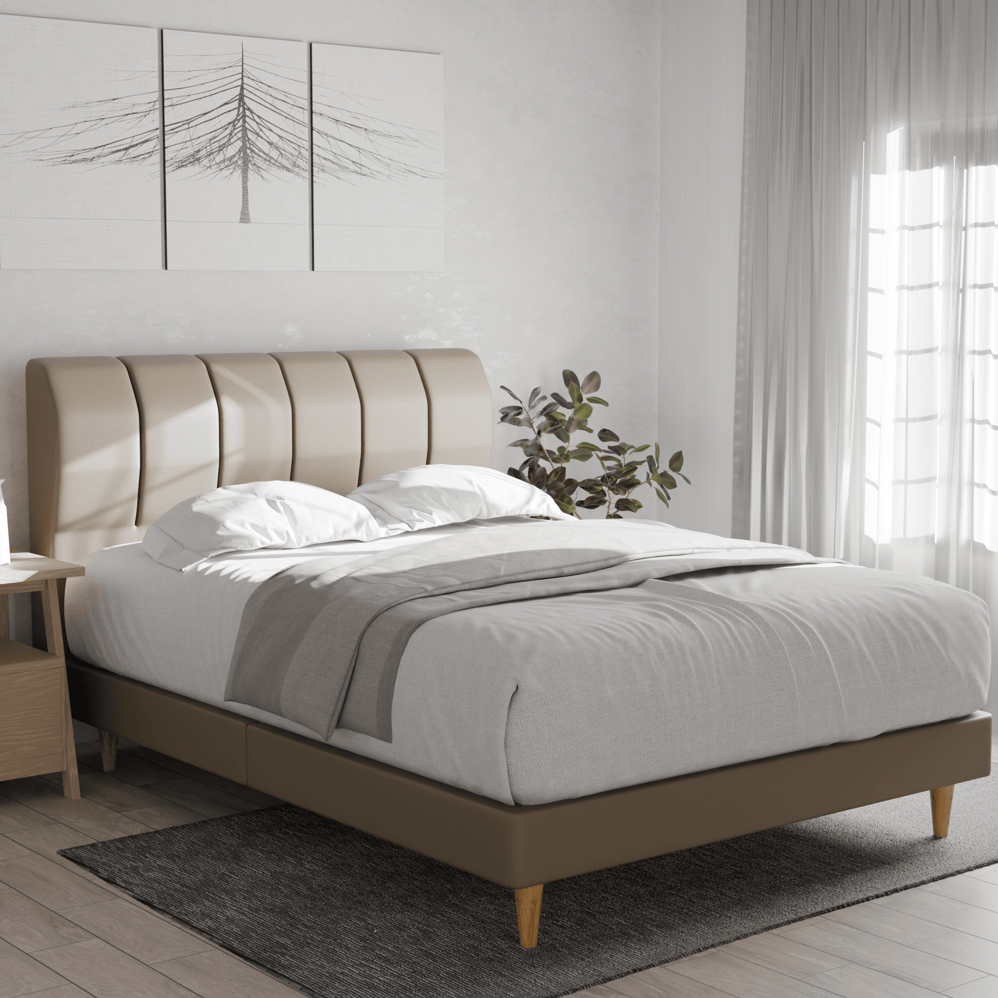 Kazura Queen Size Faux Leather Upholstered Bed Frame with Wooden Slats - Modern Platform Bed for Master Bedroom & Guest Room