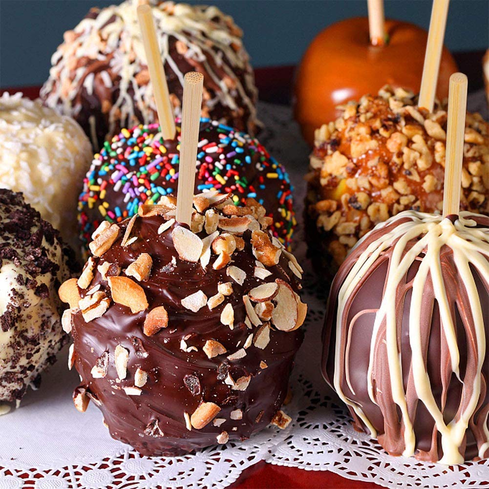 Natural Wooden Candy Apple Skewer Sticks - 6mm x 5.25 Inch Semi-Pointed BBQ Sticks for Caramel Apples, Cotton Candy, Rock Candy, Lollipops & Corn Dogs - Perfect for Halloween Treats, Party Snacks & Summer Barbecues
