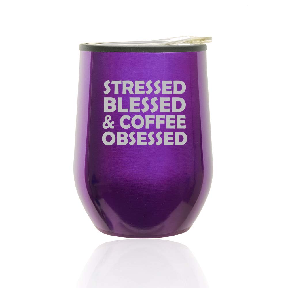 Stemless Wine Tumbler with Lid - Insulated Coffee Travel Mug Glass for Hot & Cold Drinks - Royal Purple 'Stressed Blessed & Coffee Obsessed' Design - Perfect for Office, Commute, and Outdoor Activities