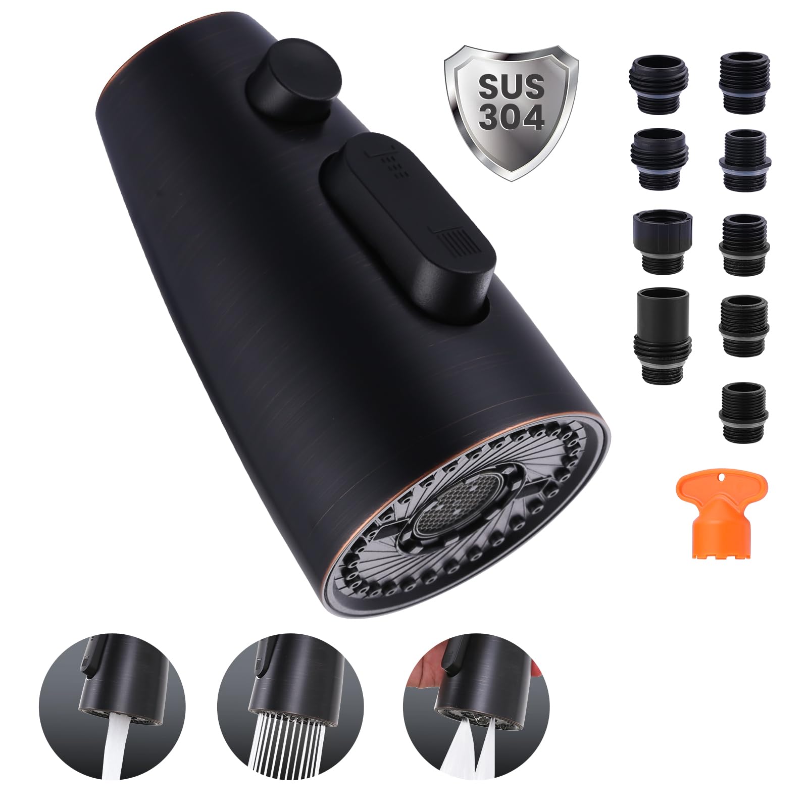 Stainless Steel Kitchen Faucet Spray Head Replacement - 3 Mode Pull Out Spray Nozzle with 9 Adapters, Compatible with Moen Kohler G1/2 Sink Faucets (Oiled Rubbed Bronze) - Perfect for Dishwashing, Vegetable Cleaning & Sink Maintenance