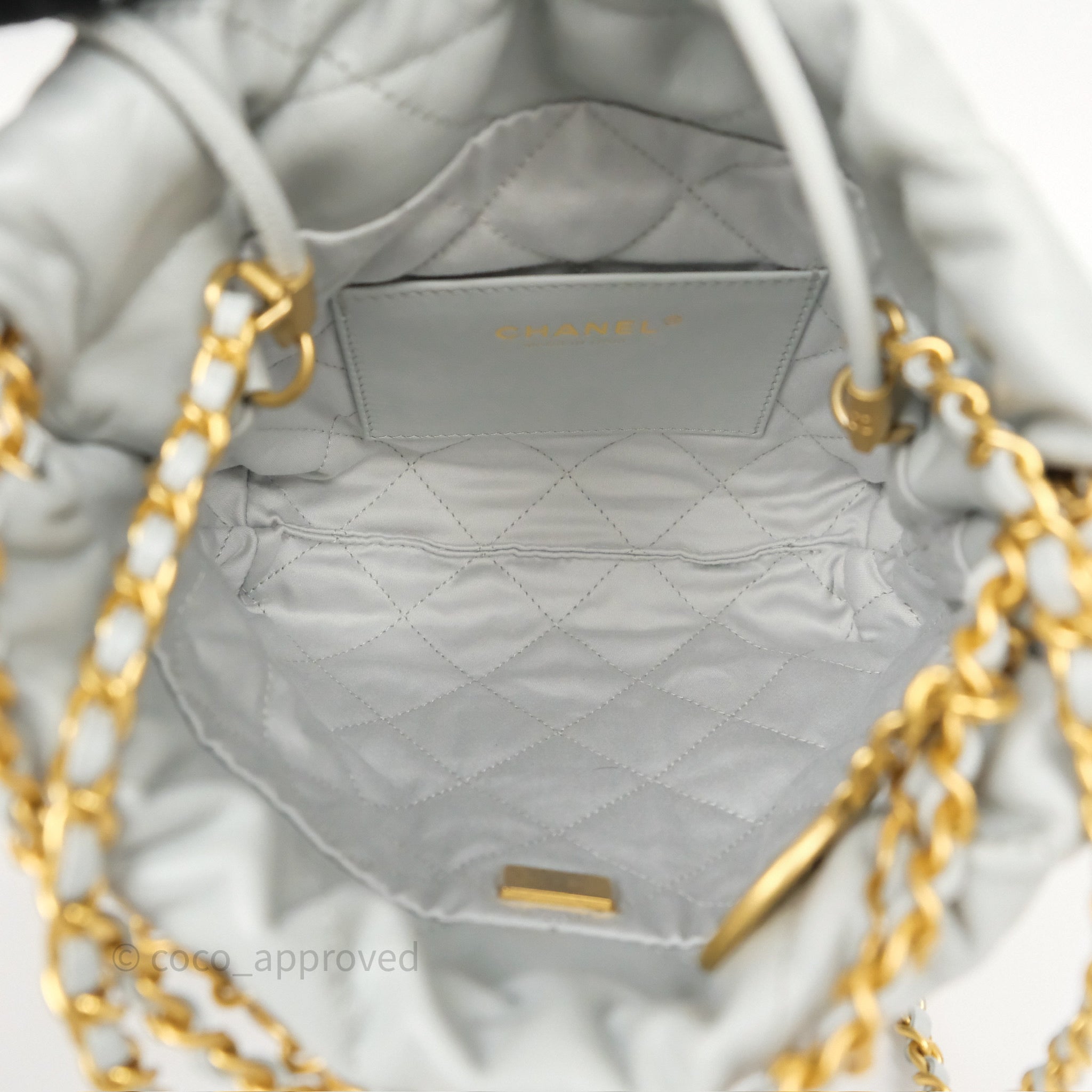 Chanel 22 Mini Bag Light Blue Shiny Crumpled Calfskin with Aged Gold Hardware - Luxury Crossbody Purse for Women, Perfect for Date Night & Evening Events