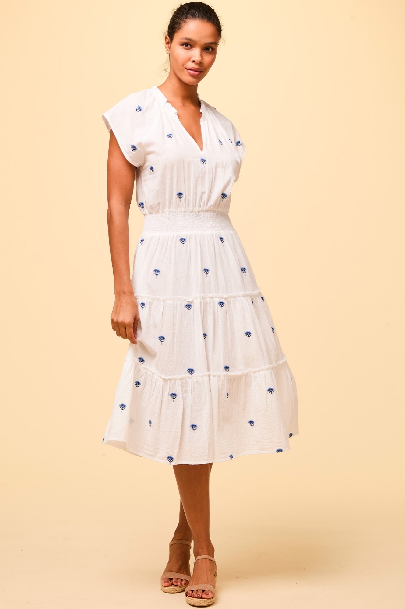Riley Embroidered Organic Cotton Dress for Women - Soft & Breathable Summer Dress in White/Blue | Perfect for Beach, Vacation & Casual Outings