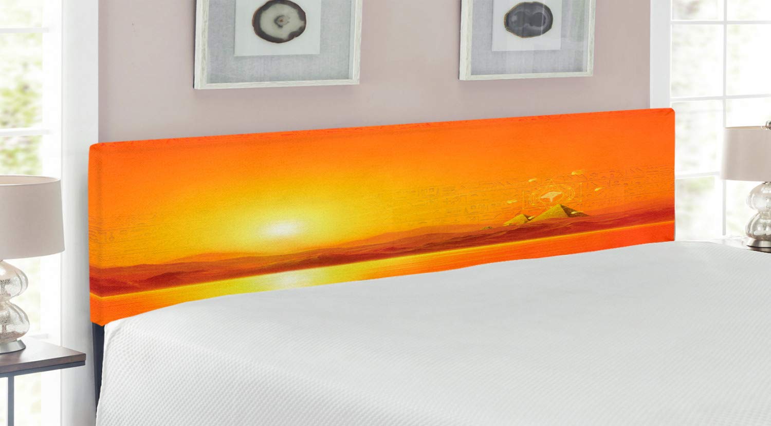 Ambesonne Egyptian-Themed King Size Upholstered Bed Headboard with Memory Foam - Geometric Sun Reflection Design in Orange & Yellow - Perfect for Bedroom Decor & Boho Chic Style