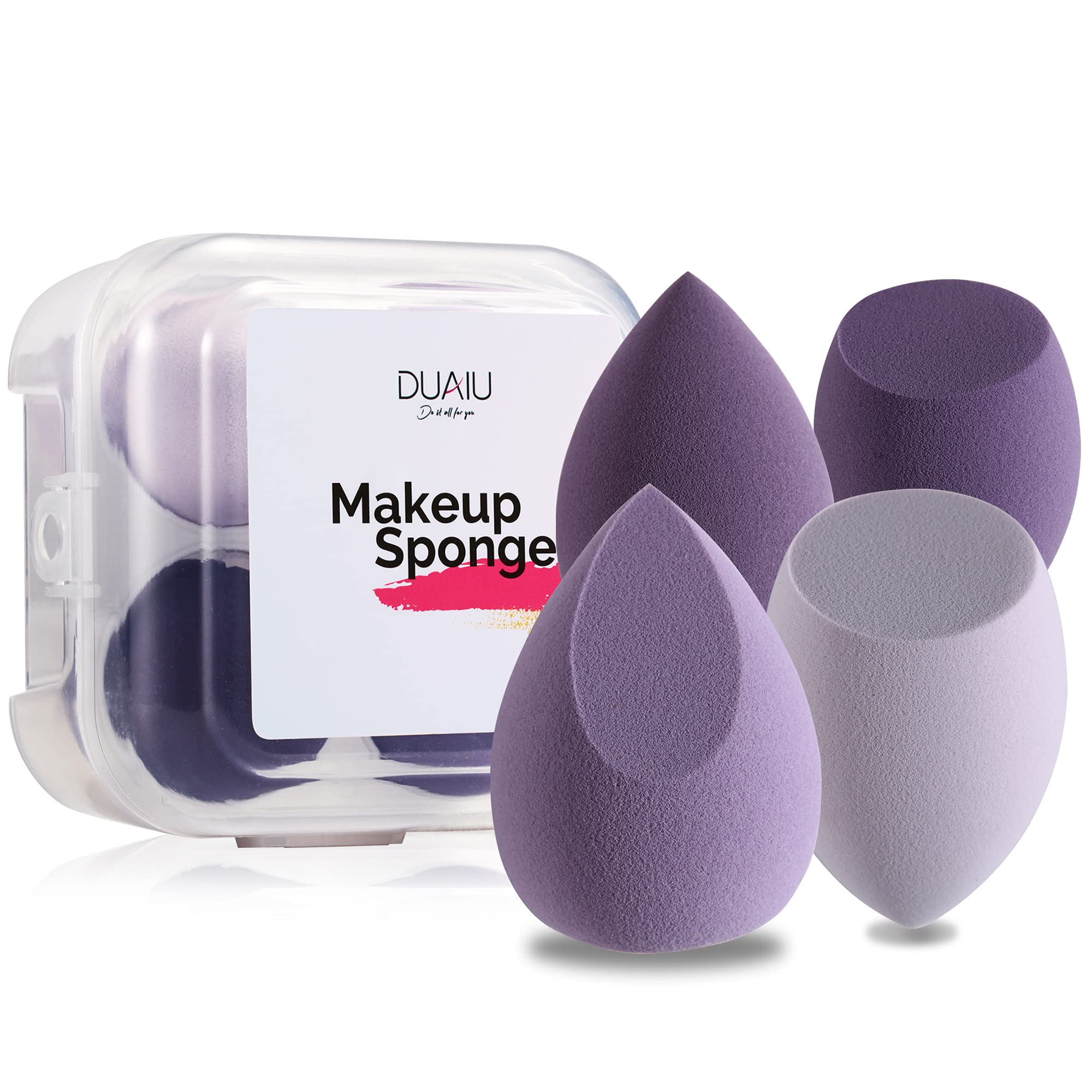 DUAIU 4-Pack Latex-Free Makeup Sponges Set - Soft Beauty Blender Foundation Sponge for Flawless Application (4 Colors + Holder Case, Morandi Purple) - Perfect for Liquid Foundation, Concealer & Cream Blending