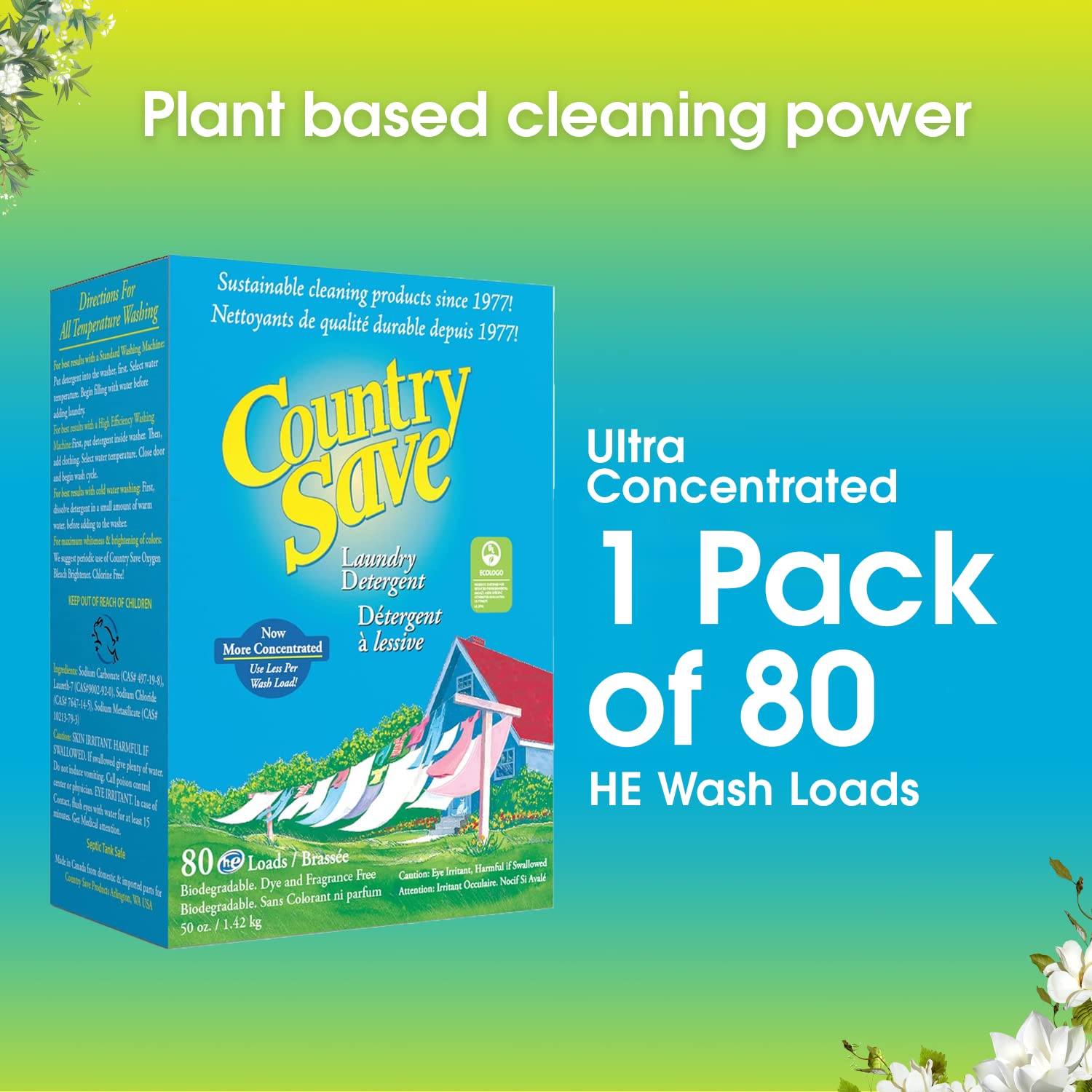 Country Save Natural HE Laundry Detergent Powder - Chemical-Free & Hypoallergenic for Sensitive Skin & Babies | Eco-Friendly, Biodegradable (5 lb Pack) - Perfect for HE Machines, Baby Clothes, & Sustainable Household Cleaning