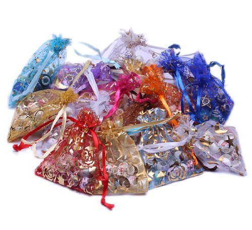 50 Pcs Lovely Organza Drawstring Gift Bags 4x5 Inches - Assorted Patterns for Jewelry, Wedding Favors, Party Favors & Small Gift Packaging - Perfect for Bridal Shower, Birthday, Baby Shower & Special Occasions