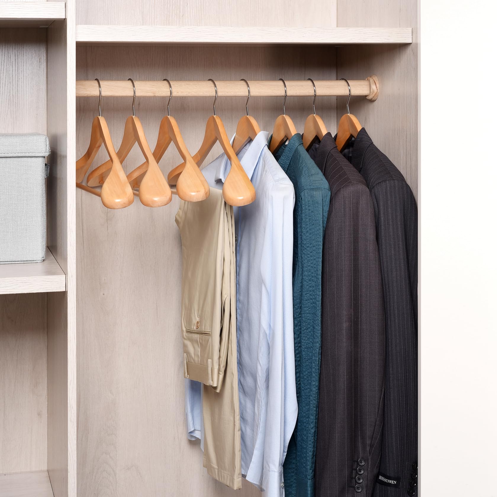 Premium 6-Pack Solid Wood Wide Shoulder Suit Hangers with Non-Slip Pants Bar - Natural Finish for Jackets, Sweaters & Heavy Clothes - Perfect for Closet Organization & Luxury Wardrobe Storage