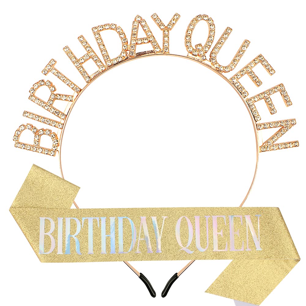 Gold Birthday Queen Crown & Sash Set for Women - Rhinestone Tiara Headband & Sash for Girls Birthday Party - Princess Birthday Accessories for Bachelorette, Birthday Bash & Special Occasions