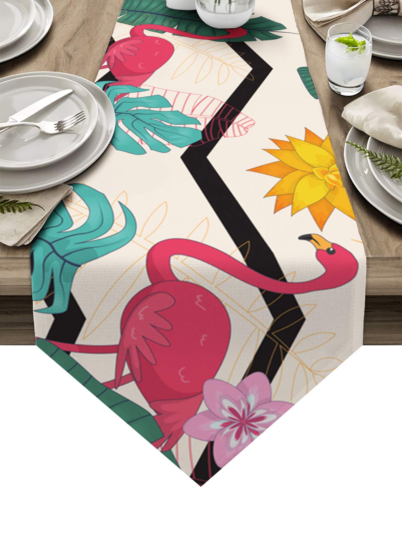 Burlap Table Runner with Zig Zag Flamingo & Tropical Plants Design - Non-Slip Rectangle Farmhouse Decor for Wedding, Party, Holiday Dinner - 13x70 Inch - Perfect for Rustic Weddings, Tropical Themed Parties & Farmhouse Dining Room Decor