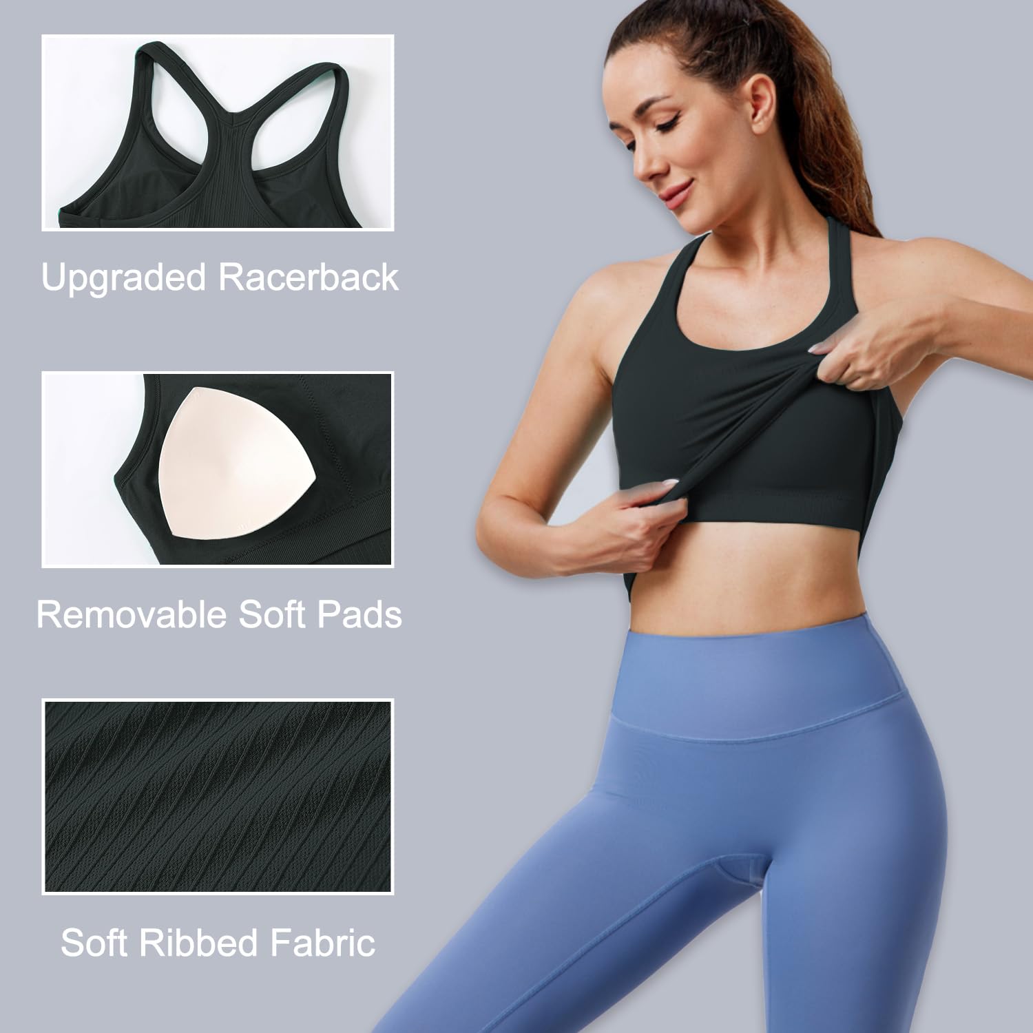 Evercute Women's 1/2/3 Pack Ribbed Workout Tank Tops with Built-in Bra - Racerback Seamless Crop Camisole for Yoga, Gym & Running | Breathable Sports Tanks for Women