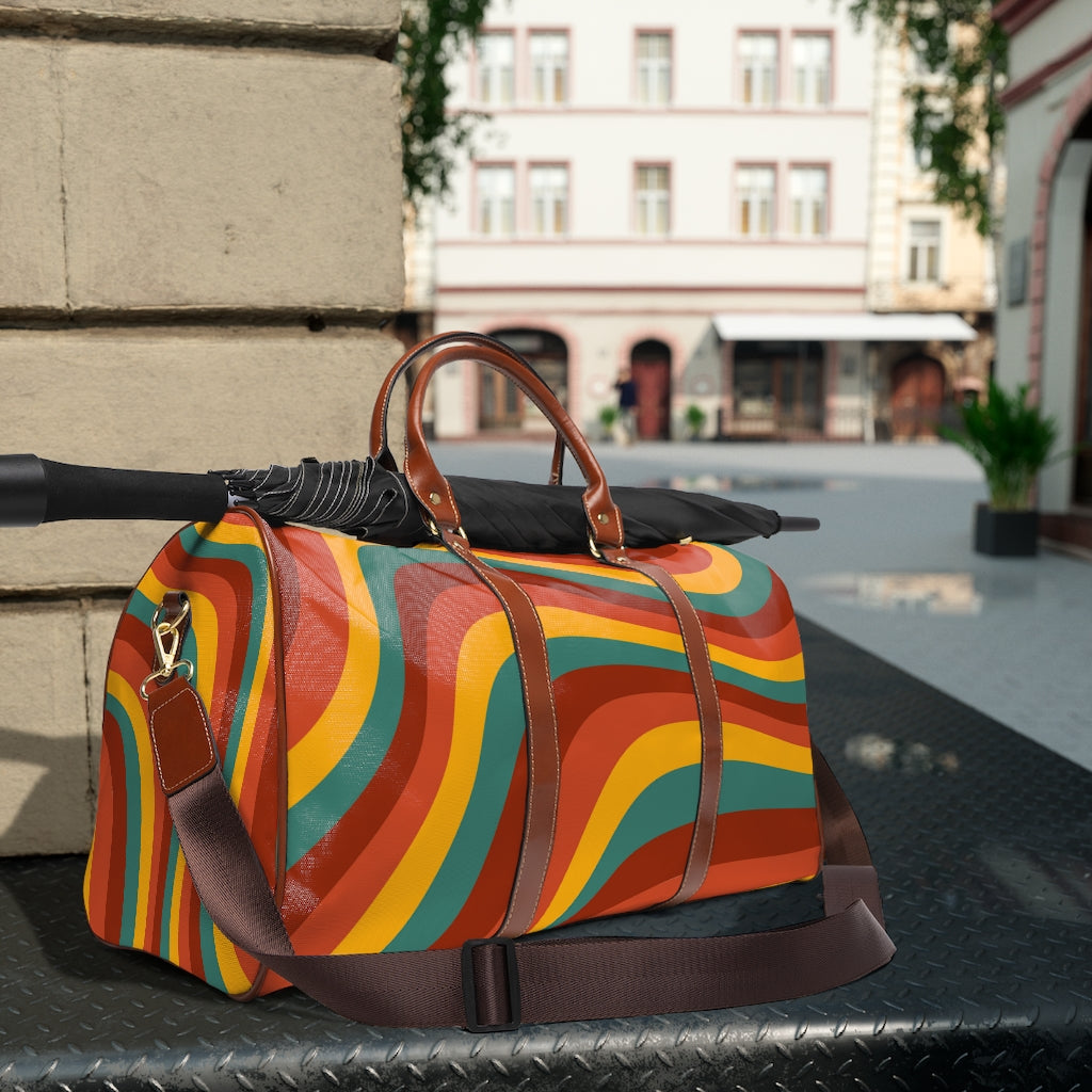 Vintage Rainbow Wave Overnight Bag - Waterproof Travel Duffel Bag for Women & Men, Faux Leather Weekender with Adjustable Strap - Perfect for Gym, Beach Trips & Weekend Getaways