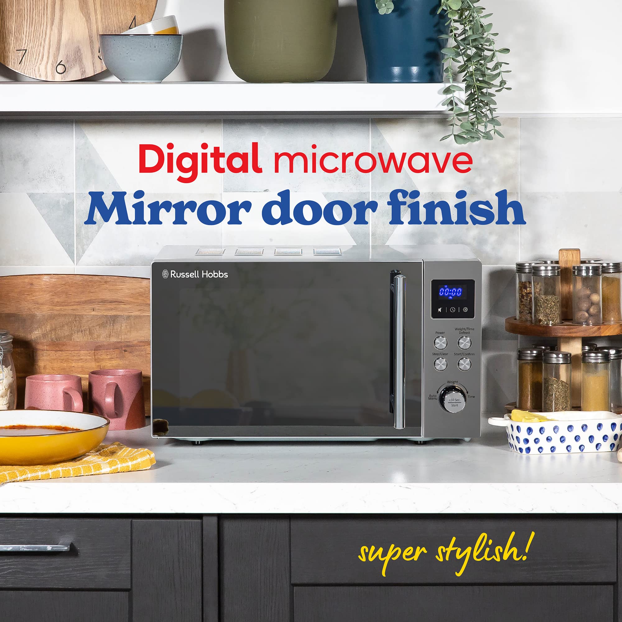Russell Hobbs RHM2086SS 17L Stainless Steel Digital Microwave with Blue LED Display - Perfect for Small Kitchens, Dorms & Offices