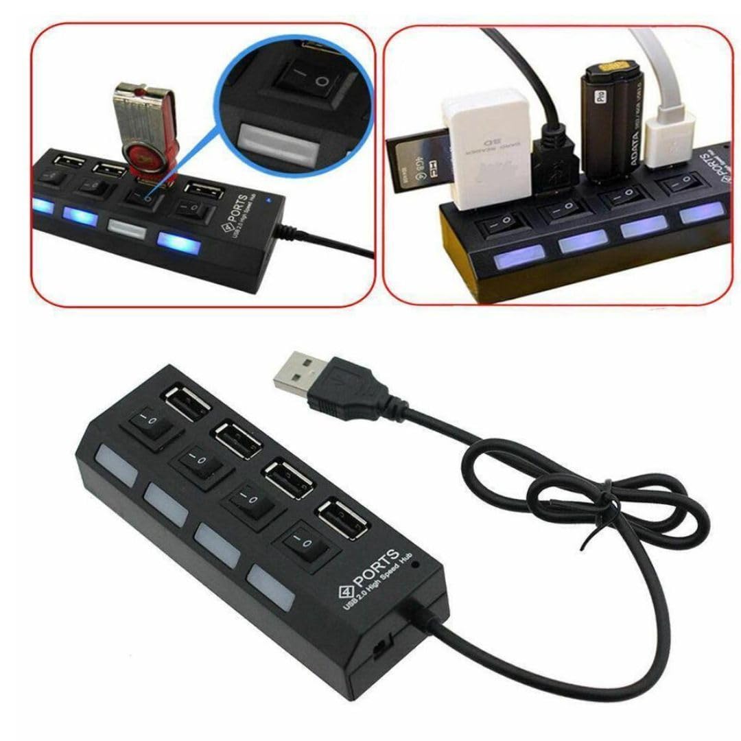 4-Port USB 2.0 Hub with LED Indicators & Power Switches - Portable USB Splitter Adapter for Laptop, PC, Mac, Gaming & Office Use - High-Speed Data Transfer & Multi-Device Charging Station