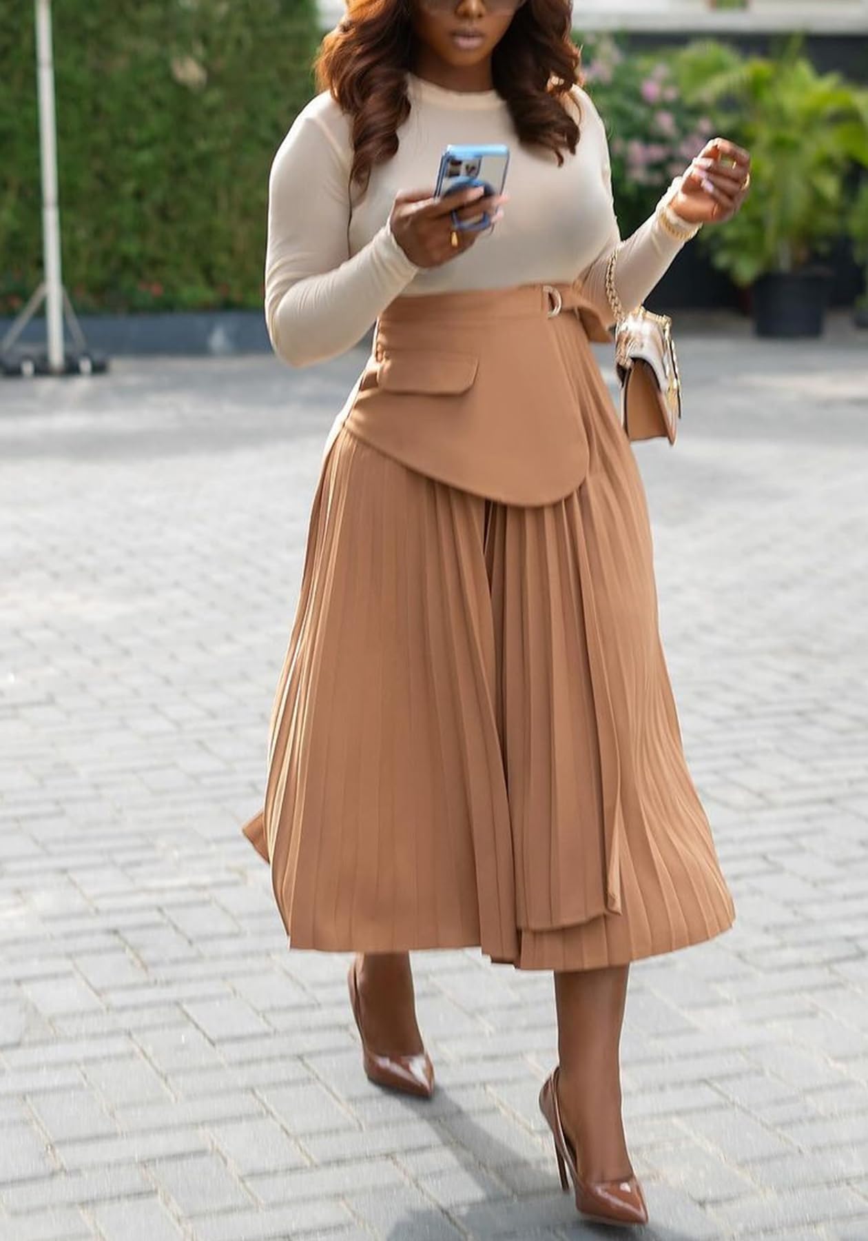 LETSVDO Women's Midi Pleated Skirt - High Waisted Wrap A-Line Chiffon Flowy Long Skirt with Pockets | Casual Summer Skirt for Work, Date Night & Vacation