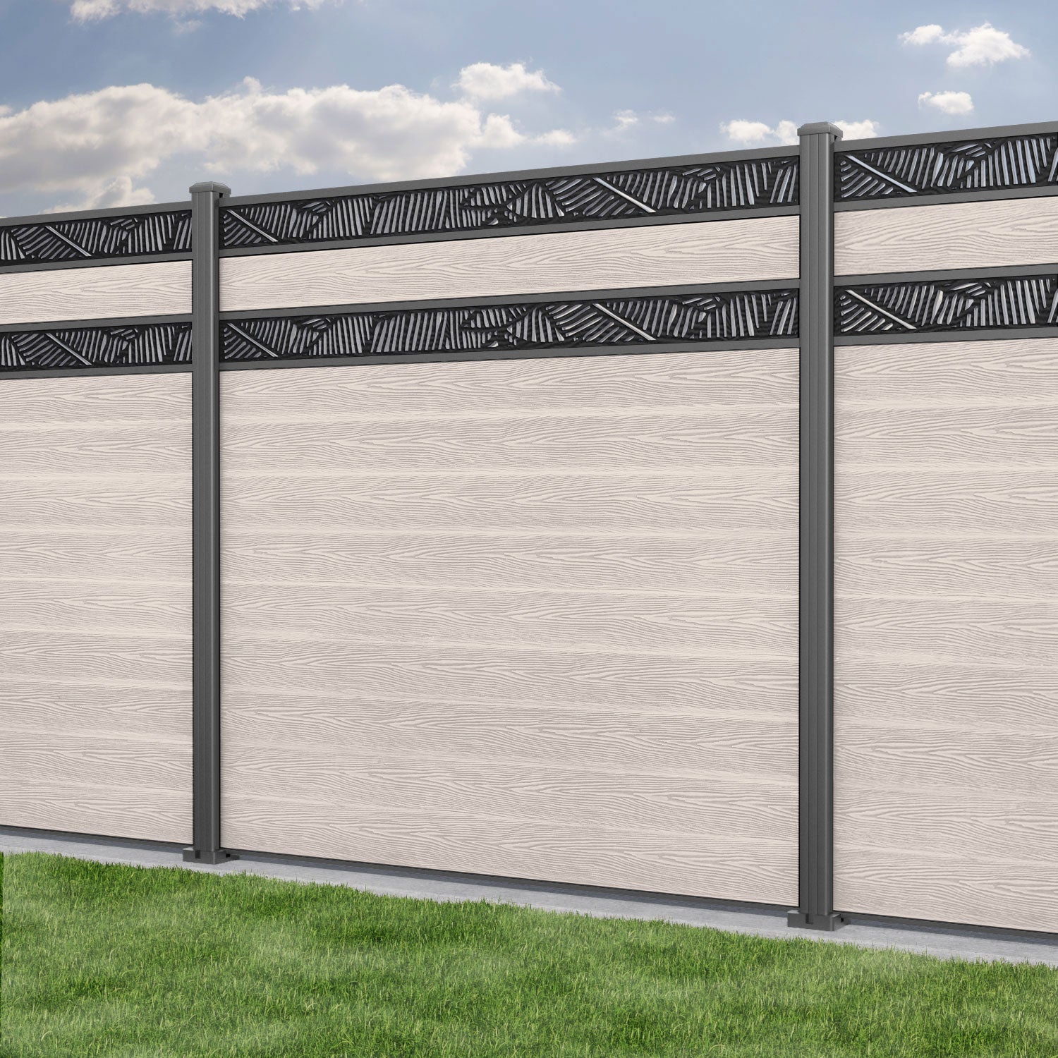 Classic Feather Split Screen Fence Panel in Mid Stone - Durable Aluminum Posts for Privacy & Garden Decoration | Perfect for Backyard, Patio, and Poolside Landscaping
