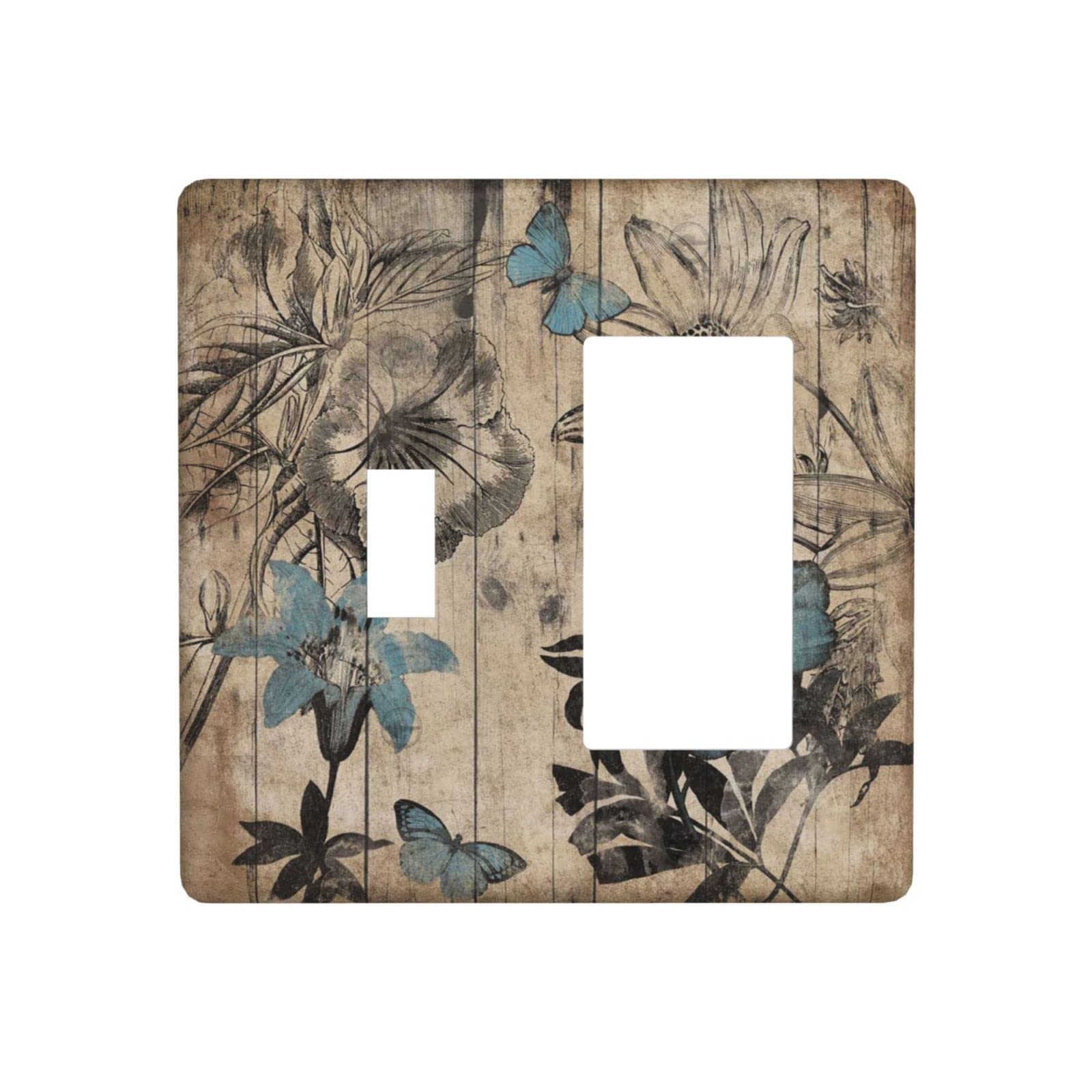 Blue Wood Floral 2-Gang Combination Light Switch Cover - Decorative Plastic Wall Plate & Outlet Cover for Electrical Decor - Perfect for Kids Bedroom, Bathroom & Home Interior Design